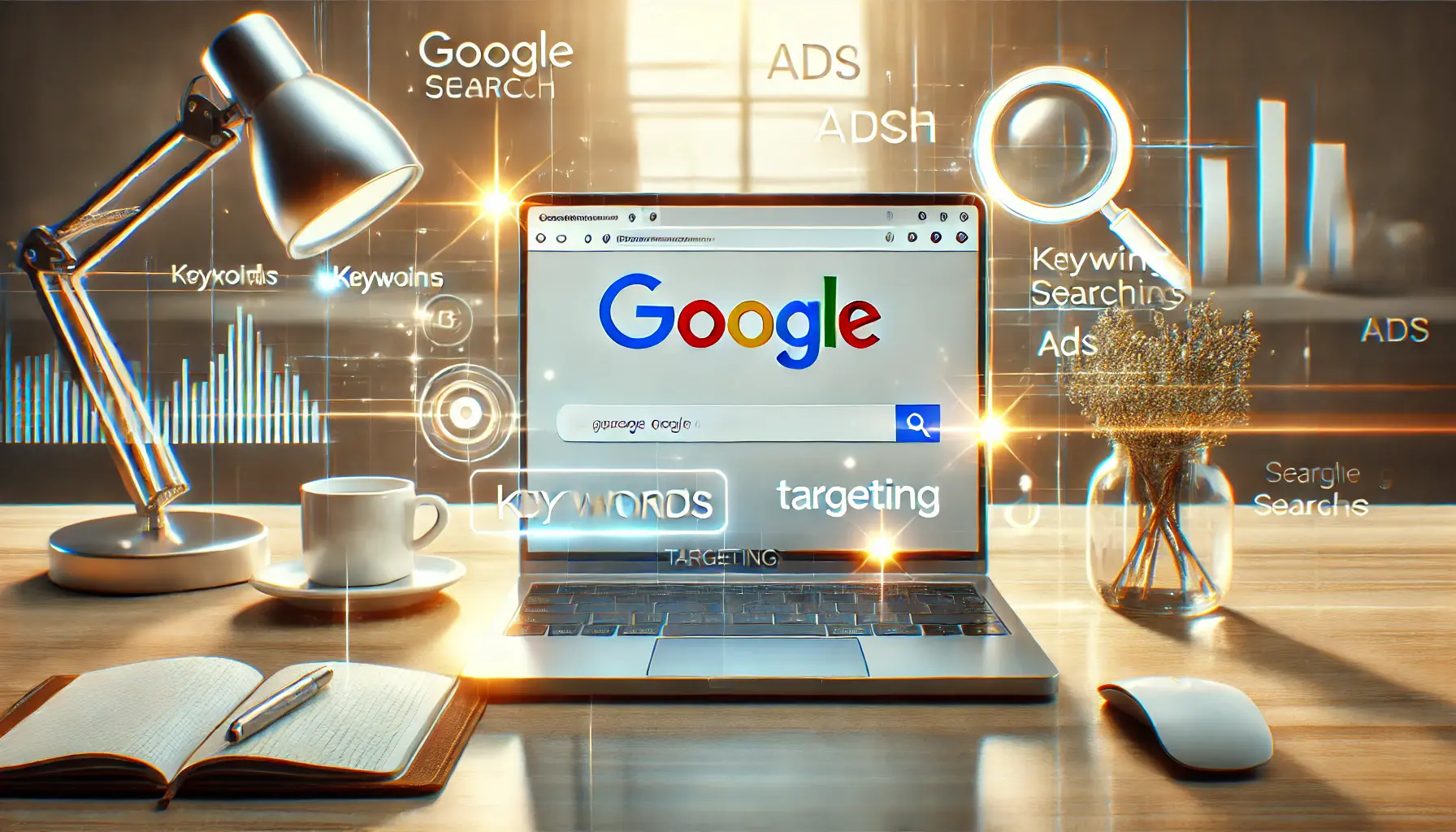 A professional workspace showcasing a laptop with a Google search results page featuring ads, surrounded by digital elements symbolizing search campaigns.