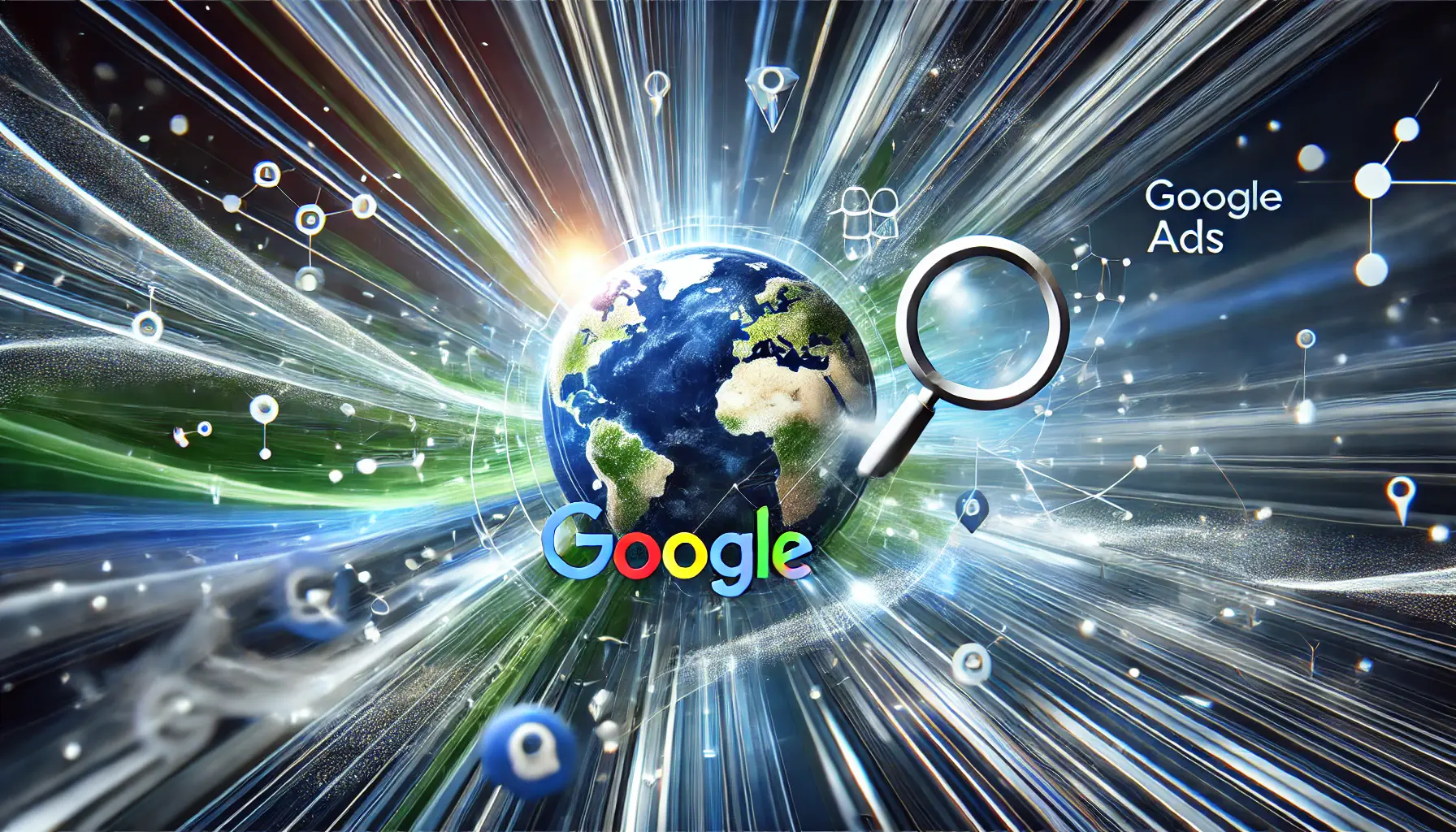 Abstract representation of digital marketing and Google Ads with vibrant colors, a globe, search icons, and interconnected lines symbolizing precision targeting.