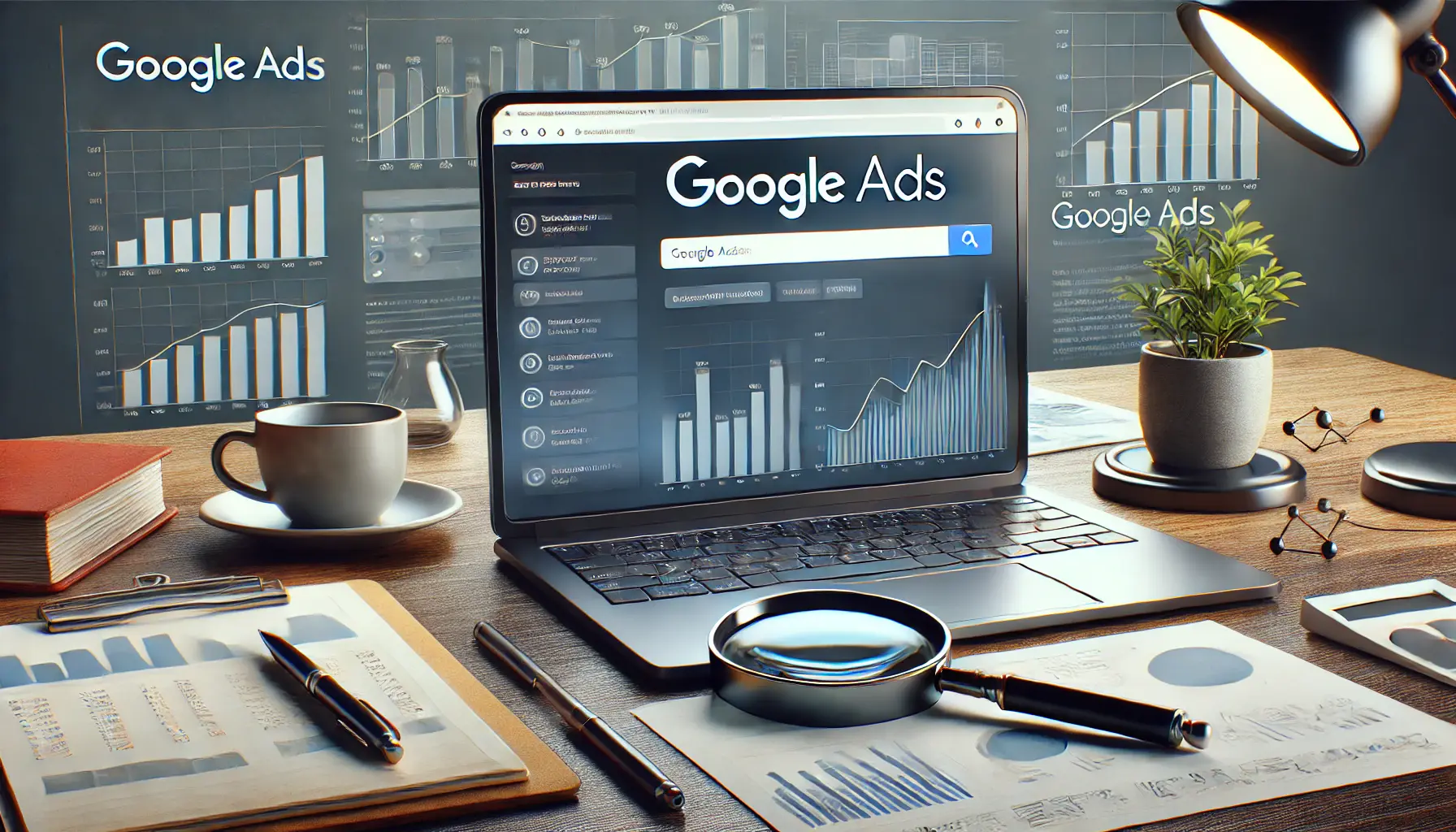 A modern desk setup with a laptop displaying a Google Ads dashboard, surrounded by analytical charts, a magnifying glass, and business elements like a notepad and coffee cup.