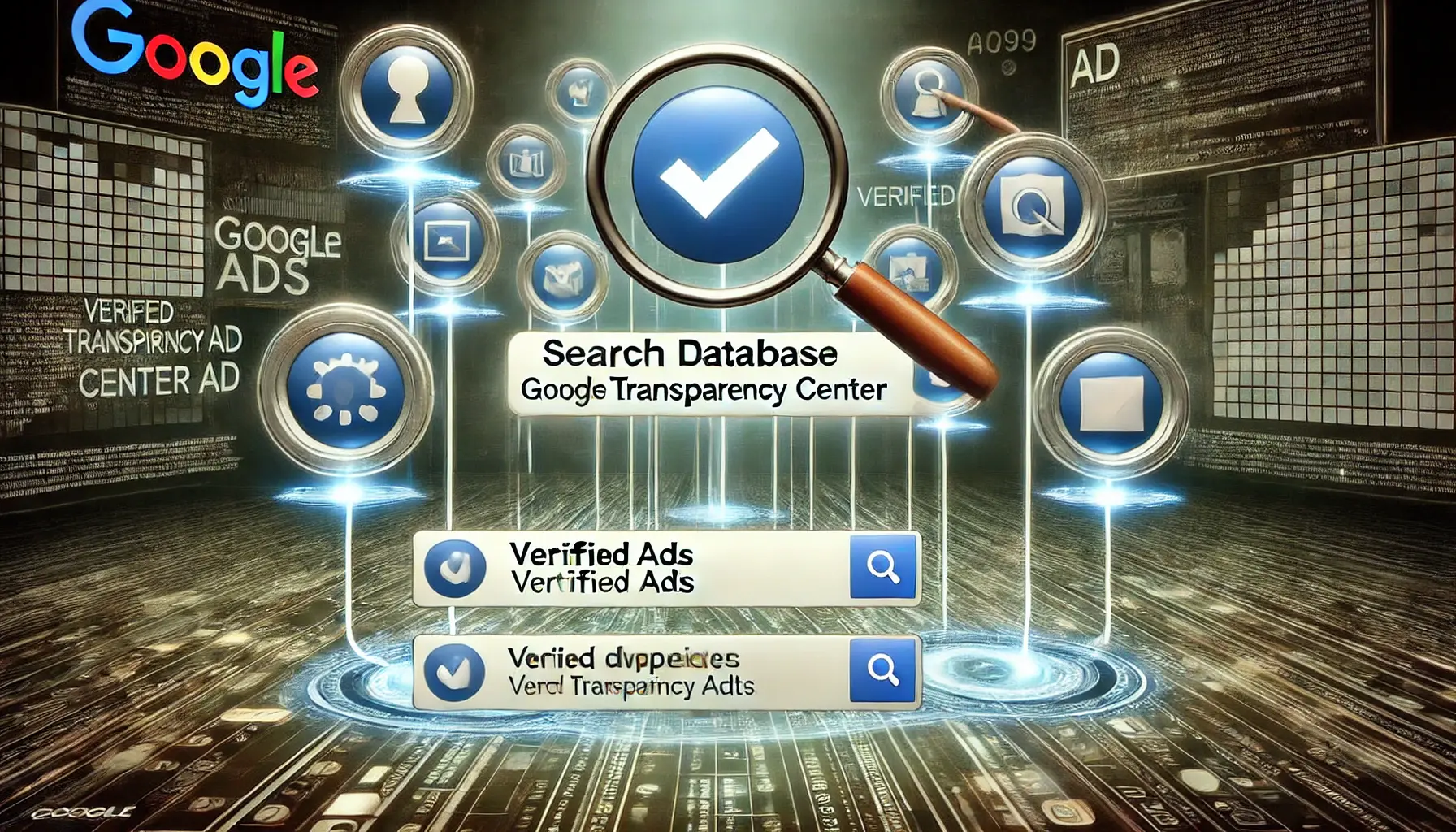 A conceptual visualization of a searchable database for verified ads, with modern interface elements and glowing nodes representing transparency and accountability.