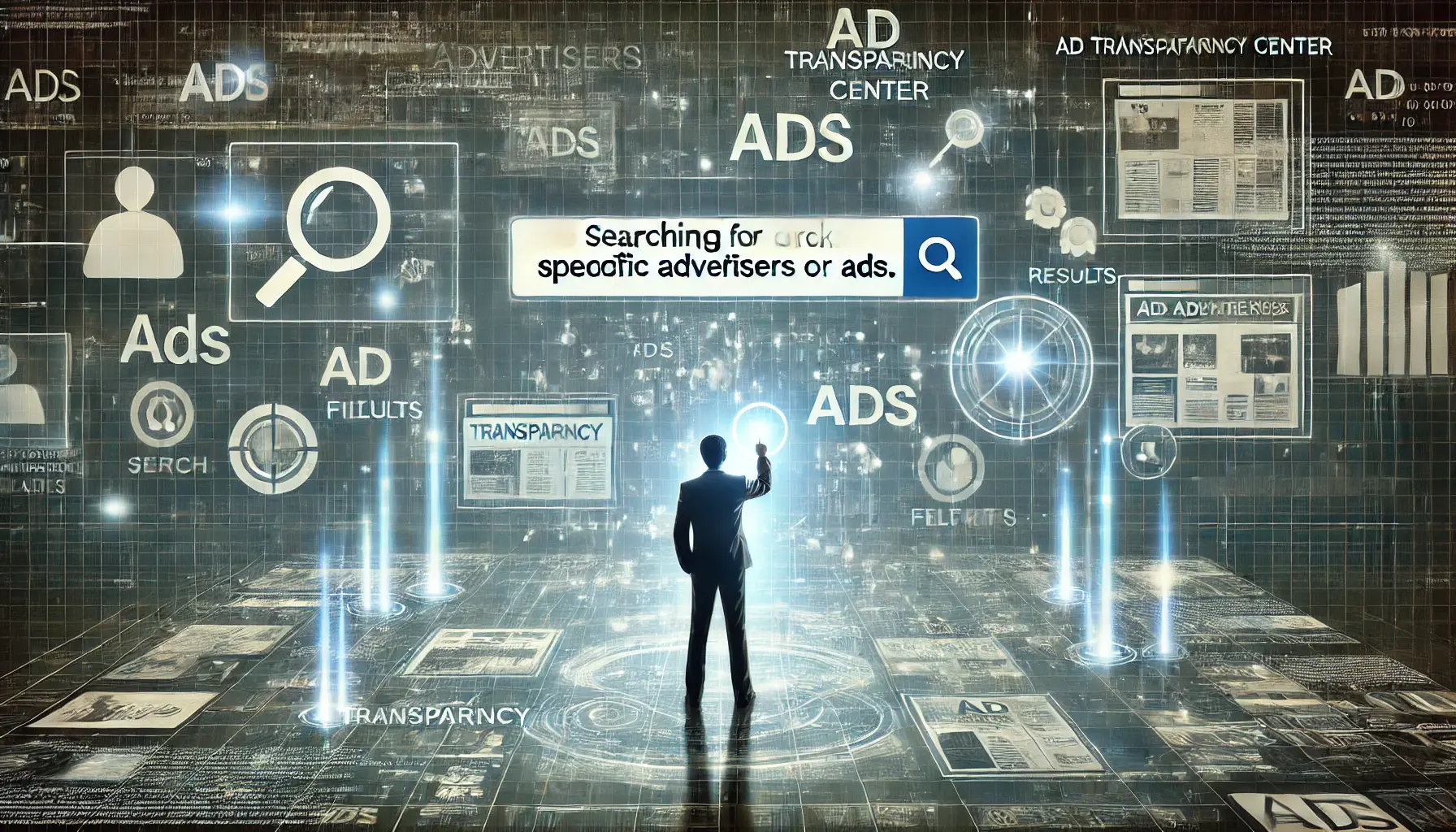 A conceptual visualization of a user searching for specific advertisers or ads within the Ad Transparency Center using a digital interface.