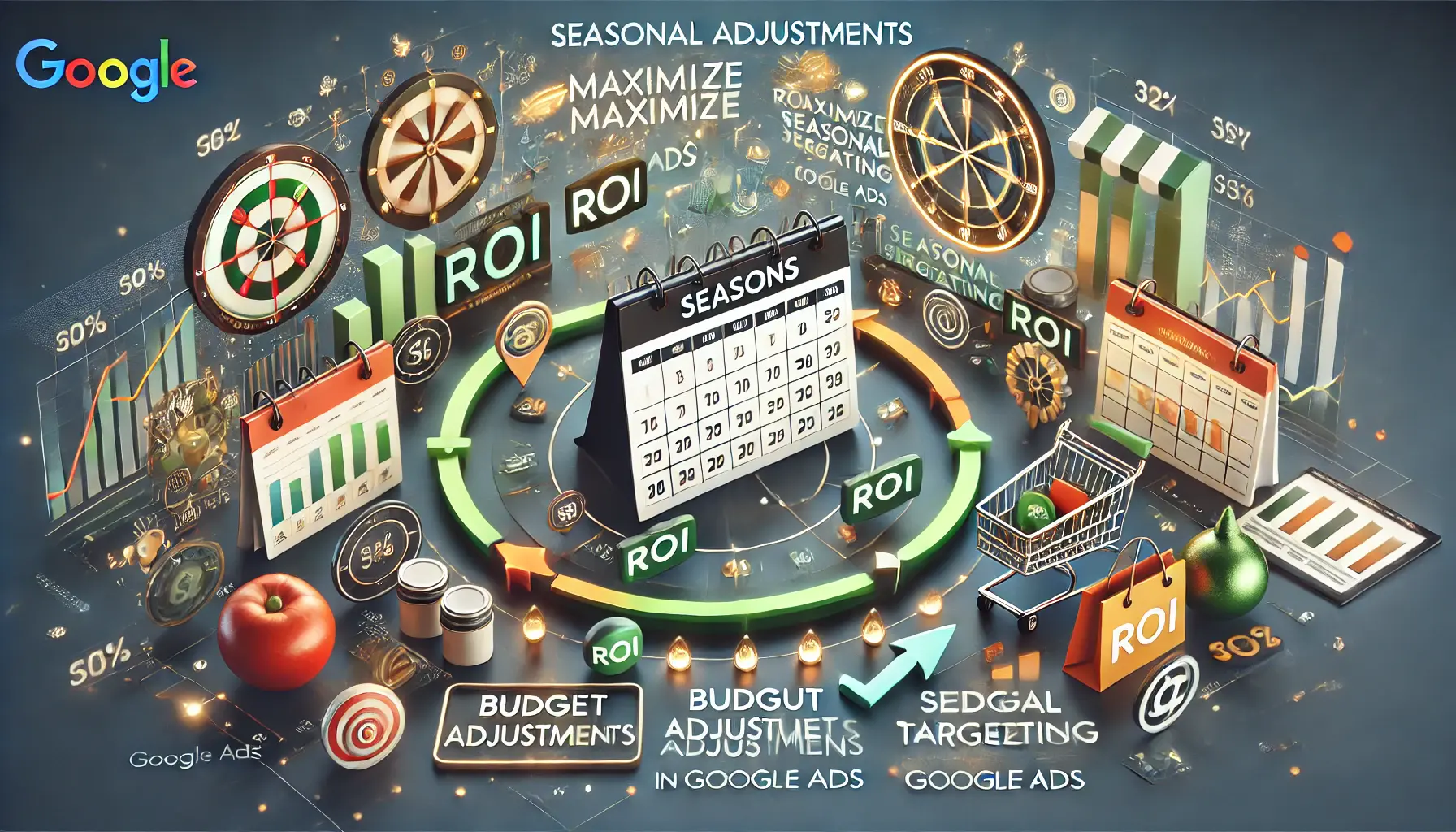 An illustration representing seasonal adjustments to maximize ROI, featuring a calendar with changing seasons, a digital dashboard showing ROI, and symbols like shopping carts and product tags.