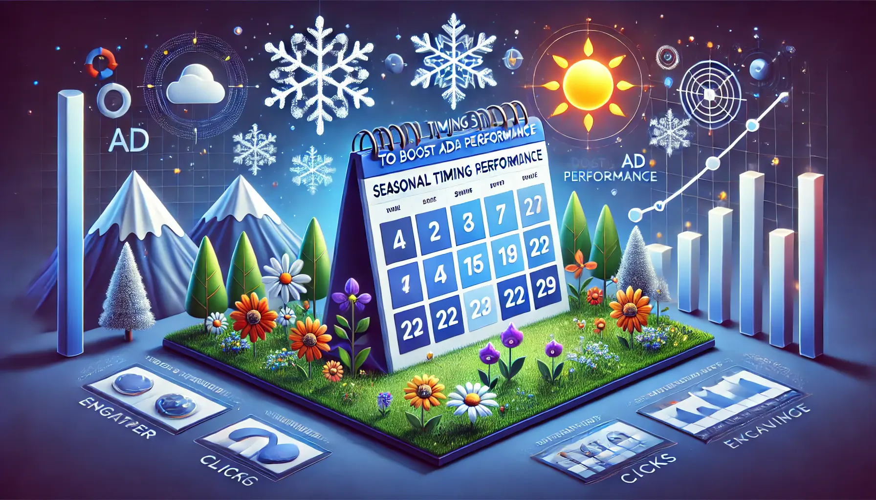 An image featuring a calendar with seasonal icons (snowflakes, flowers, sun, and leaves) and dynamic ad graphs representing seasonal timing strategies for ads.