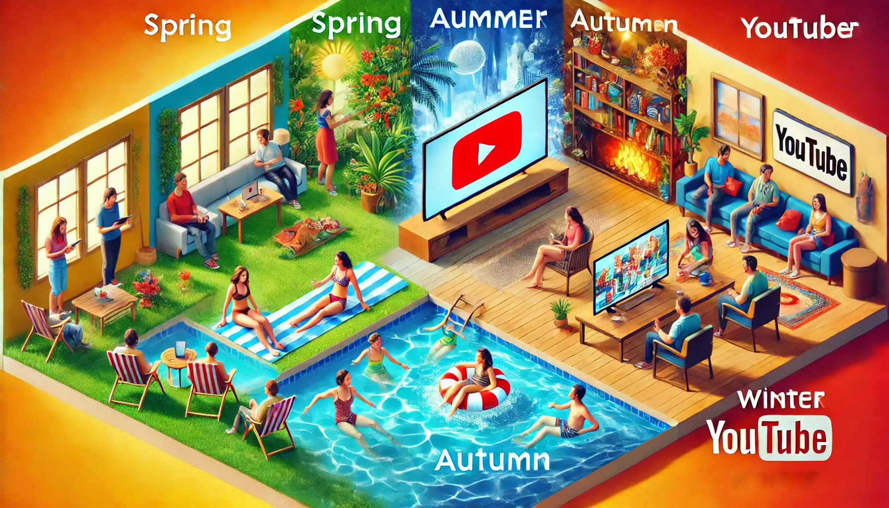 A conceptual image divided into four sections representing seasonal trends: spring, summer, autumn, and winter, with different people watching YouTube content.