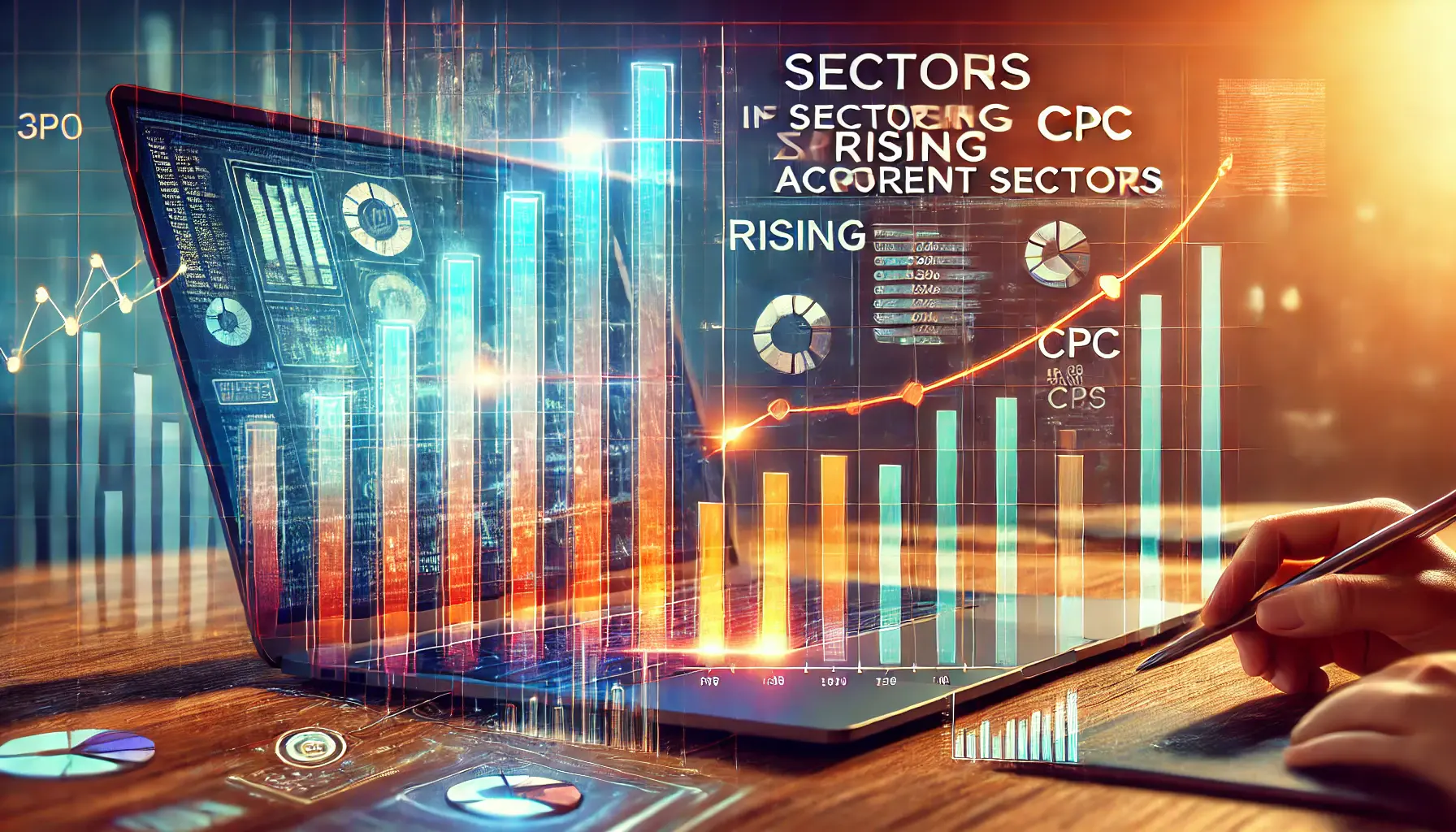 Visualization of rising CPC costs across sectors with bar and line charts in a modern workspace setting.