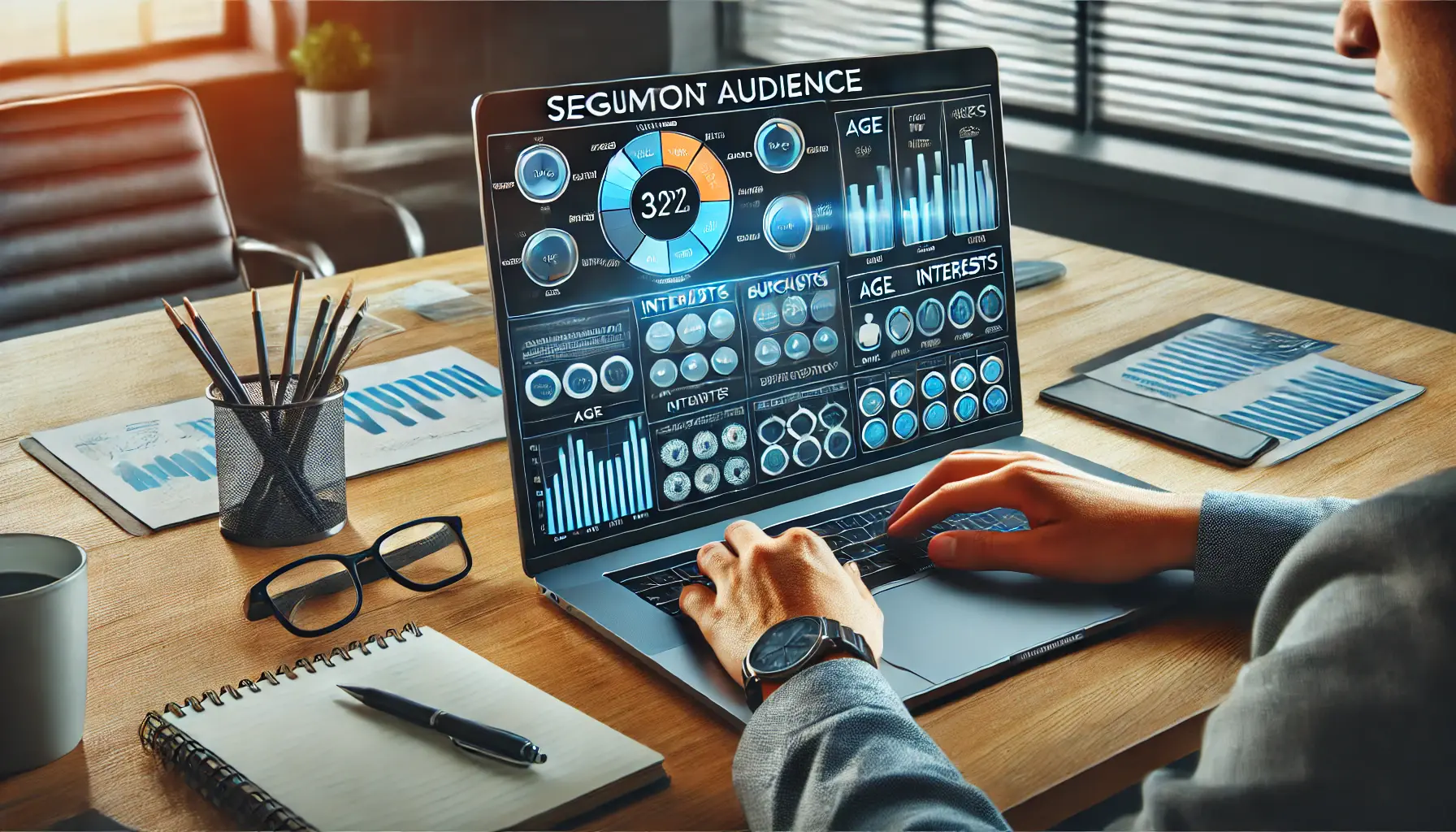 A digital marketer working in a professional workspace using a dashboard to segment audience data with graphs showing demographics and interests.