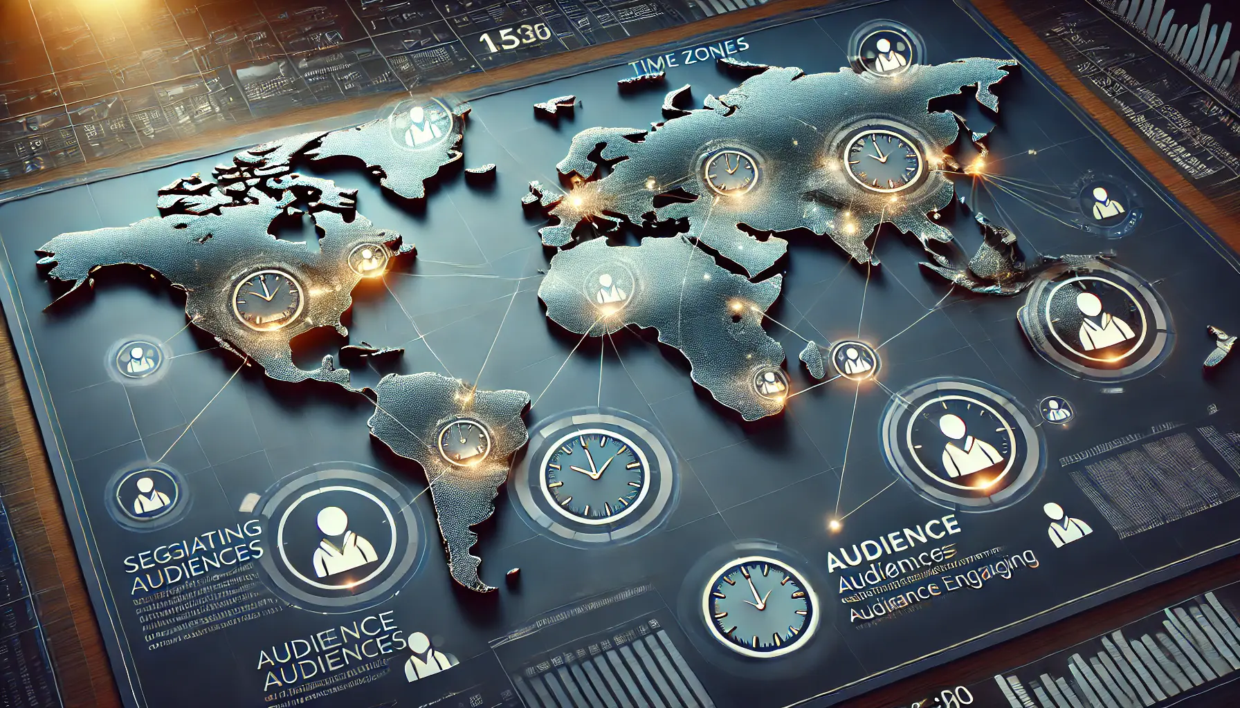 An image featuring a world map with highlighted time zones and network connections, symbolizing audience segmentation by time zones.