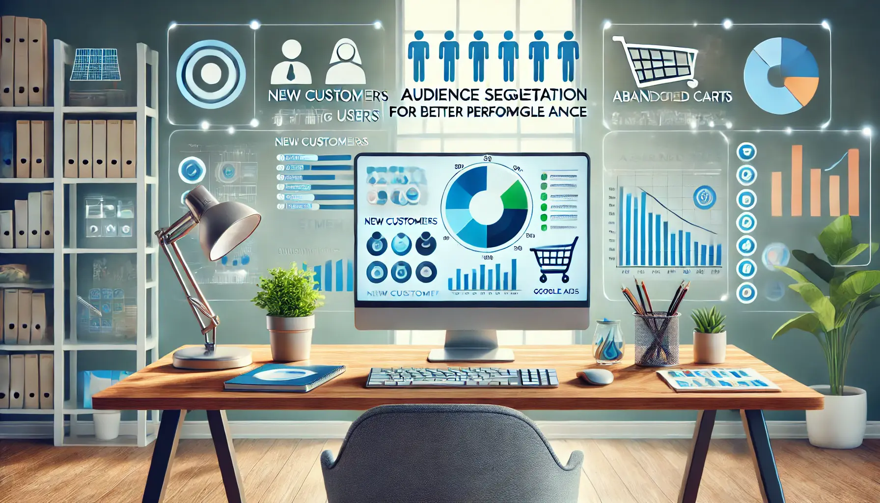 A workspace with a desktop screen displaying analytics dashboards that highlight audience segmentation for better performance in Google Ads.