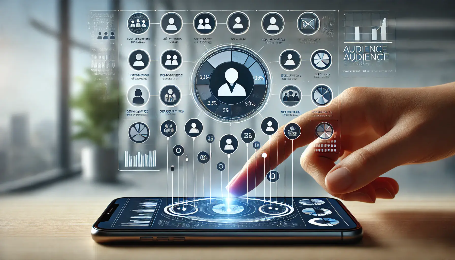 An image showing audience segmentation based on user data, with icons representing user groups, demographics, and behaviors on a smartphone interface.