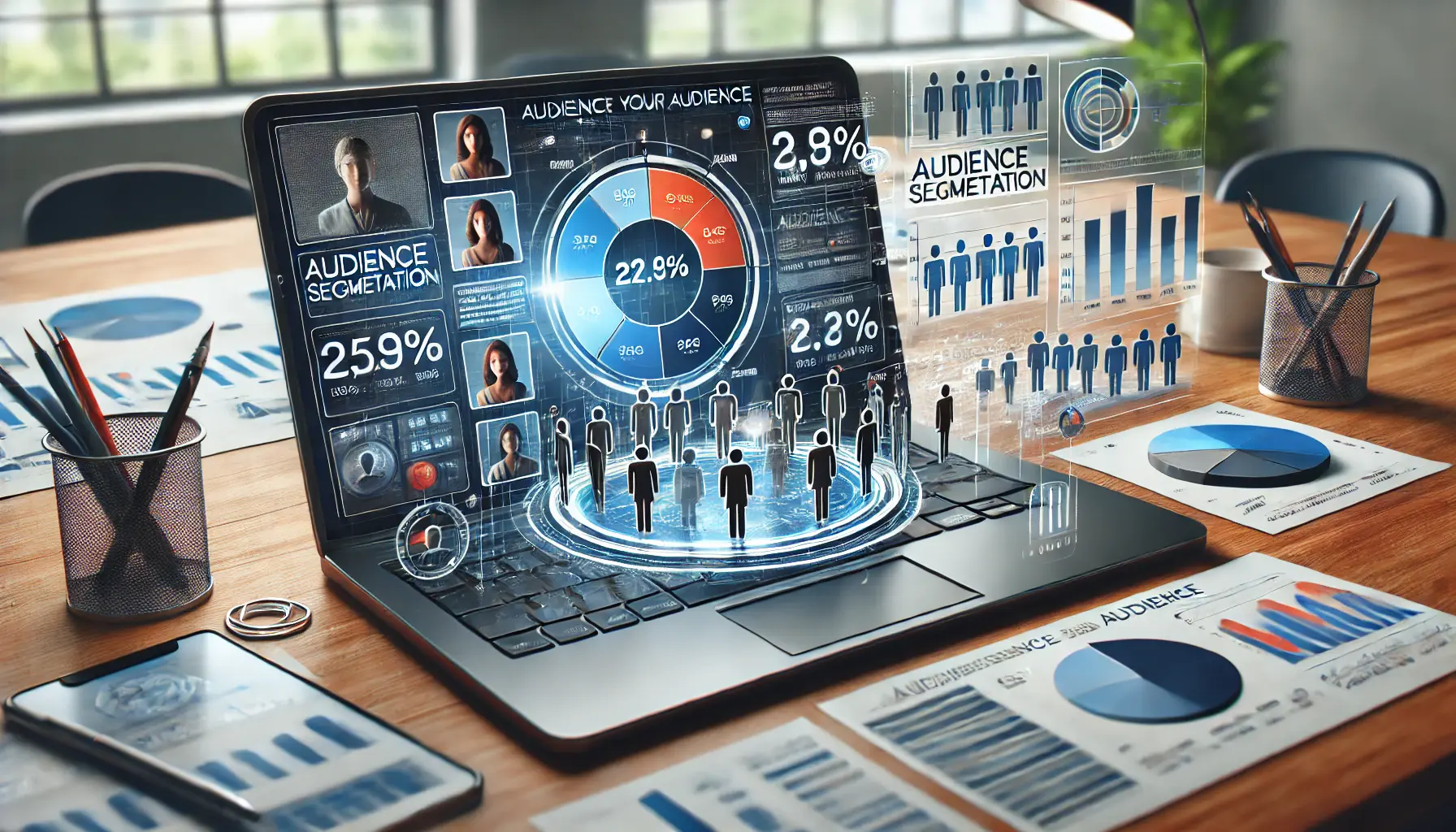 A realistic image of a laptop displaying an audience segmentation platform with demographic filters, pie charts, and bar graphs.