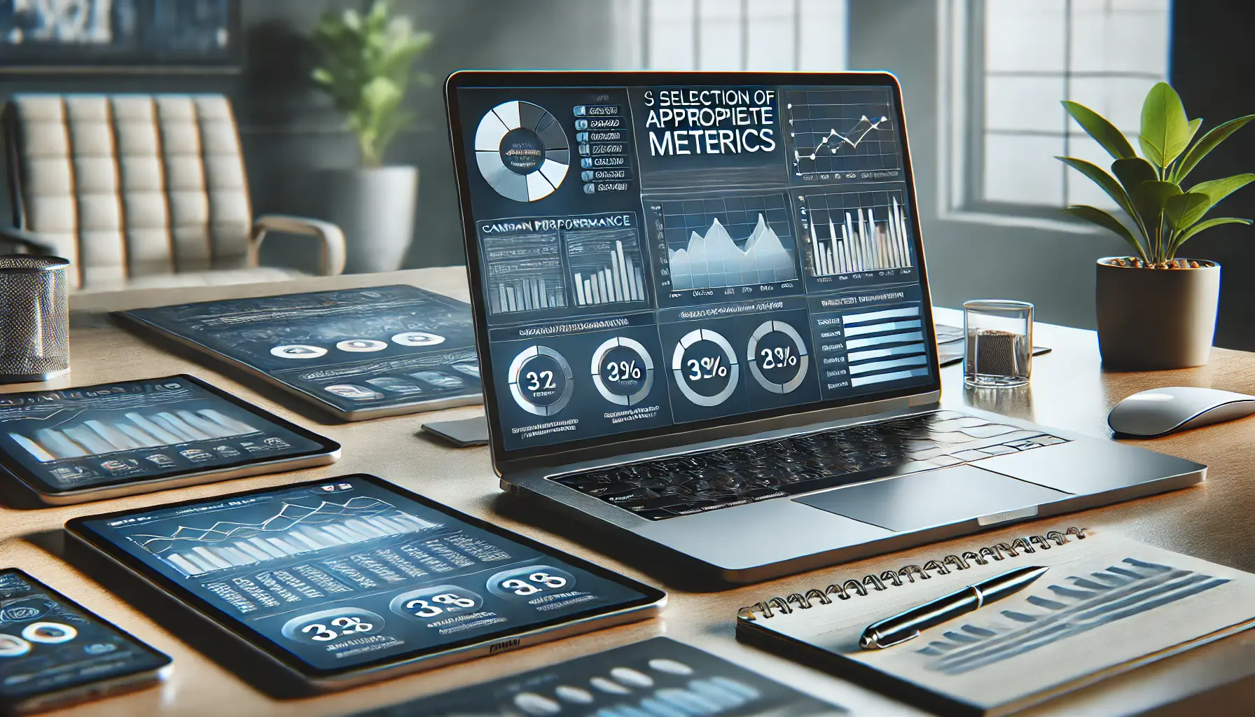 A digital marketing workspace featuring a laptop with analytics dashboards, charts, and KPIs, surrounded by tools like a tablet and a notepad.