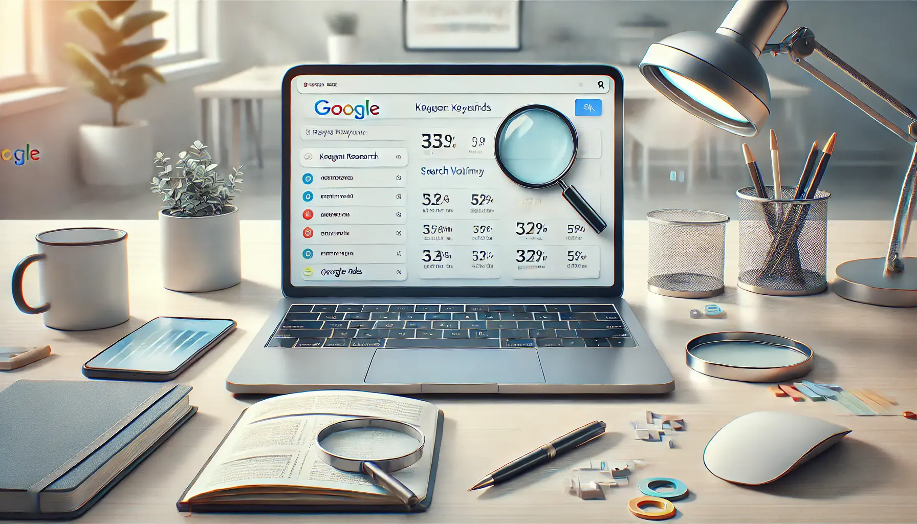 A modern workspace featuring a laptop displaying a keyword research tool with search volume data, surrounded by a magnifying glass, notebook, and pen.