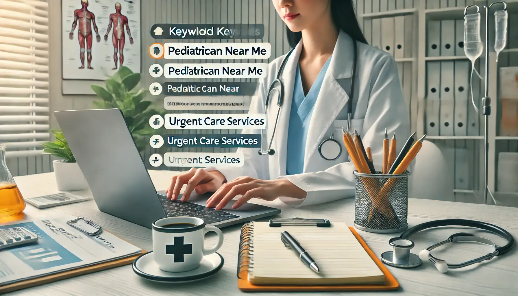 A healthcare marketer using a laptop to research keywords for medical services, with a notepad and subtle medical elements in the environment.