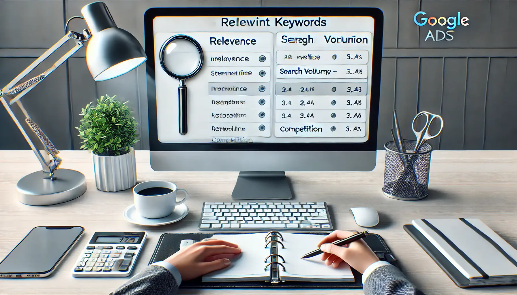 A modern workspace with a computer screen displaying a list of evaluated keywords for a Google Ads campaign, showing metrics like relevance, search volume, and competition.