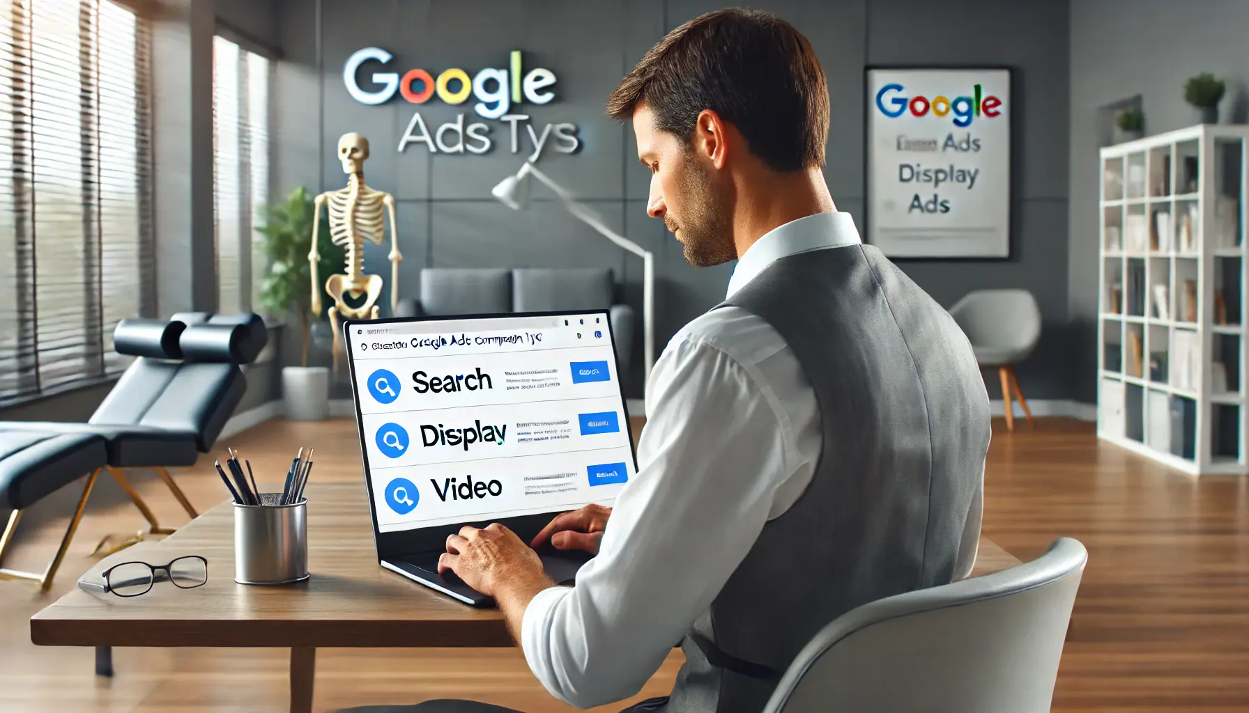 A chiropractor selecting the right Google Ads campaign type on a laptop in a modern clinic.