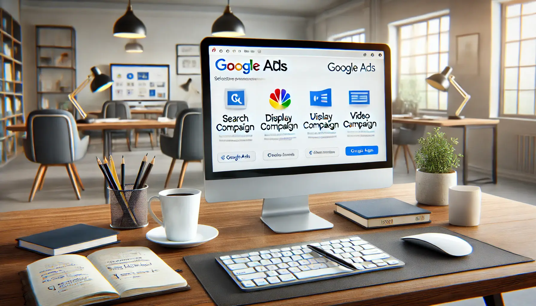 A modern office desk setup with a computer screen showing the Google Ads interface, displaying options like Search Campaign, Display Campaign, and Video Campaign. The desk includes a notebook, pen, and coffee cup, emphasizing strategic planning in a bright and minimalist office environment.