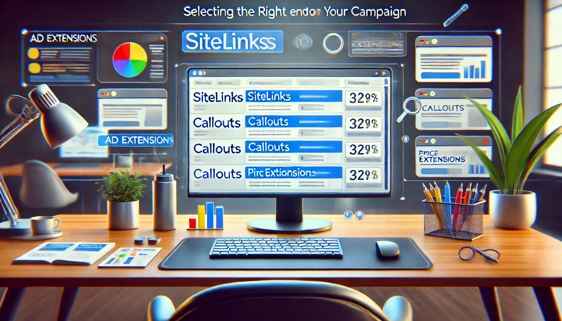 A digital marketing workspace showing a computer screen with a selection of different ad extensions like sitelinks, callouts, and price extensions.