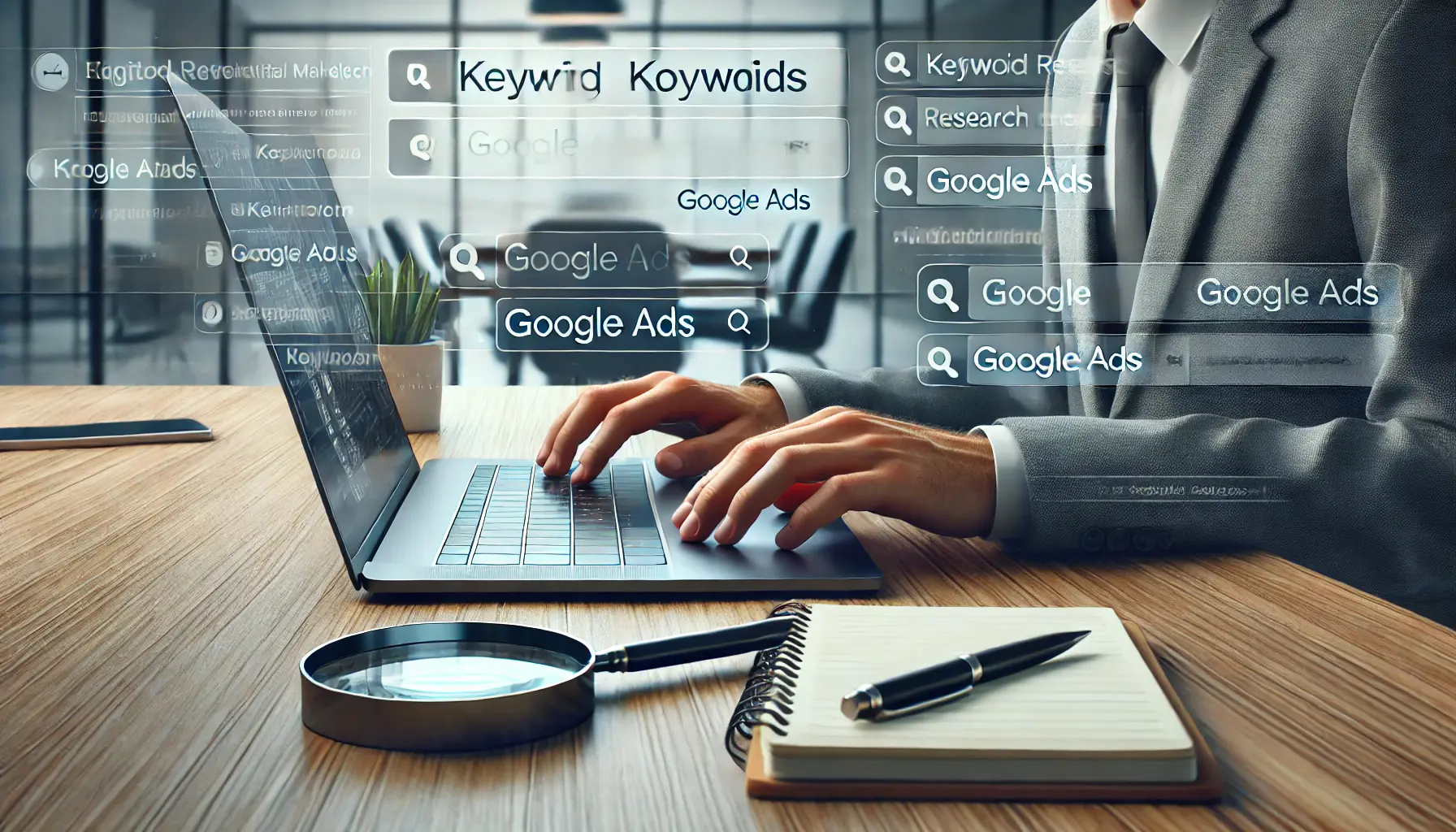 A digital marketer selecting relevant keywords on a laptop using a keyword research tool, with a notebook, pen, and smartphone on the desk in a modern office environment.