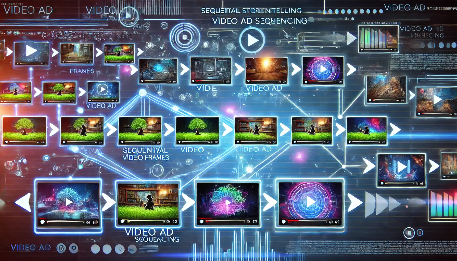 A video player interface showing multiple sequential frames connected by arrows, illustrating the flow of a narrative in video ad sequencing.