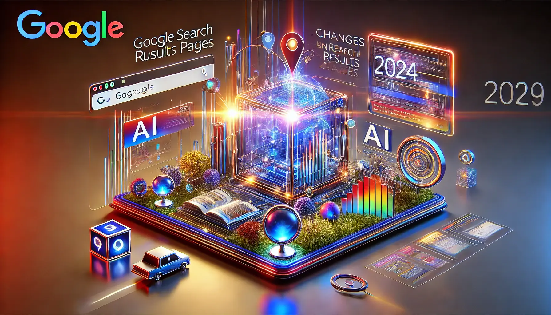 Futuristic depiction of Google SERPs in 2024 with AI-driven summaries, video carousels, and interactive widgets.