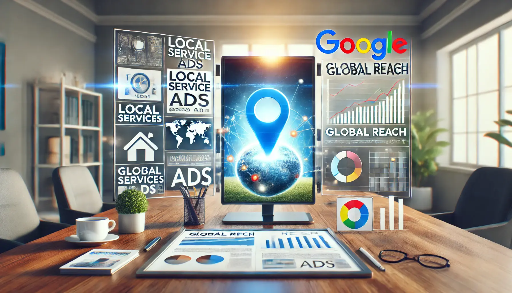 A visually engaging split-screen comparison image highlighting Local Service Ads with local business elements on one side and Google Ads showcasing analytics and global reach on the other.