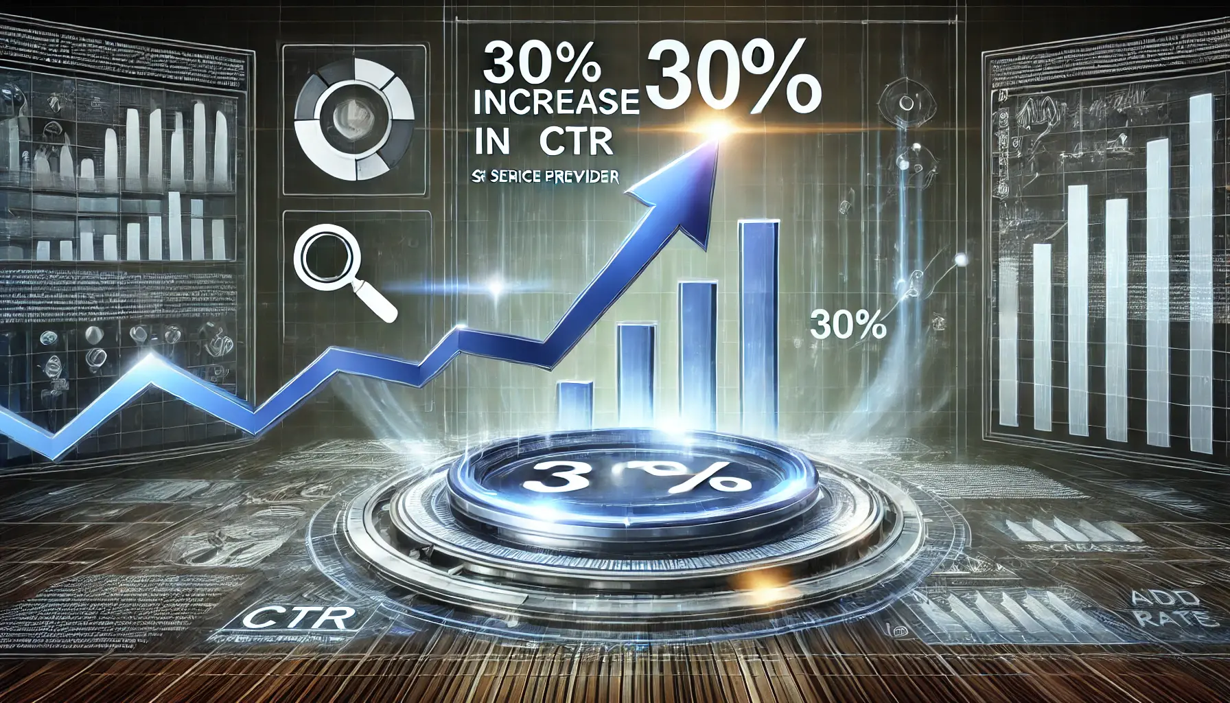 Visualization of a 30% increase in CTR for a service provider, with performance graphs and growth indicators.