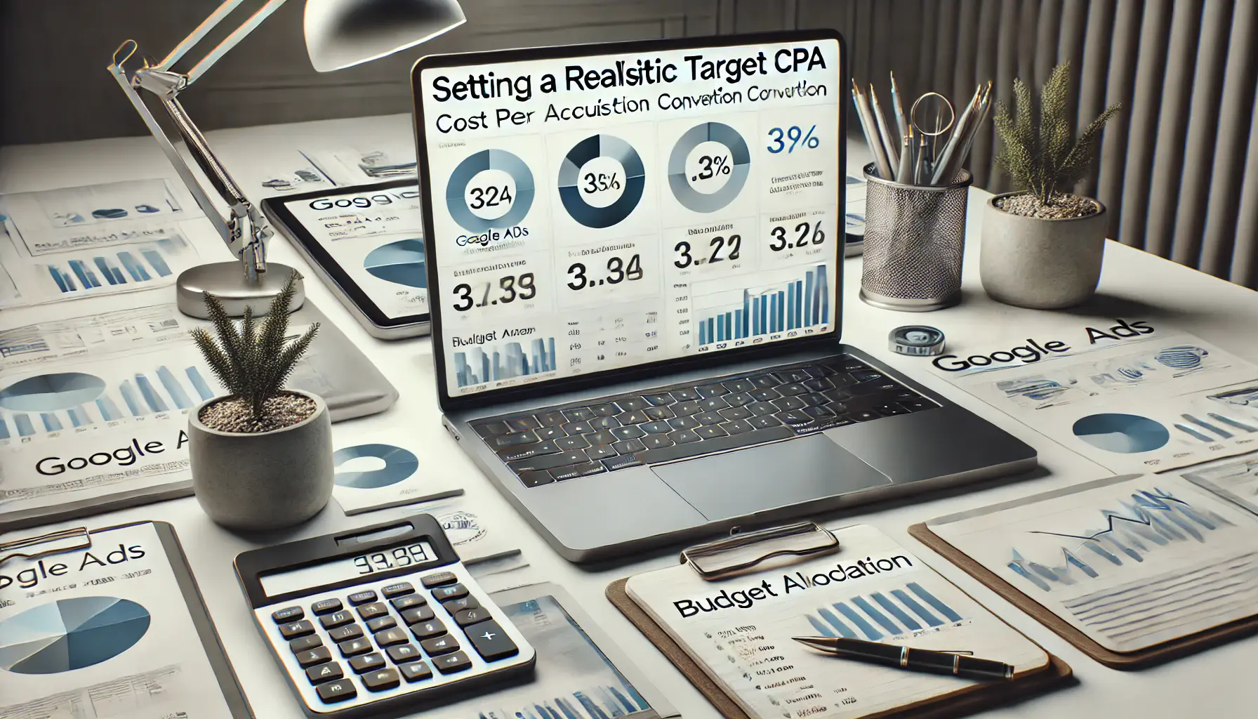 A professional workspace showing a laptop with Google Ads dashboard, a tablet with budget allocation charts, a calculator, and a notepad symbolizing realistic goal setting for Target CPA.