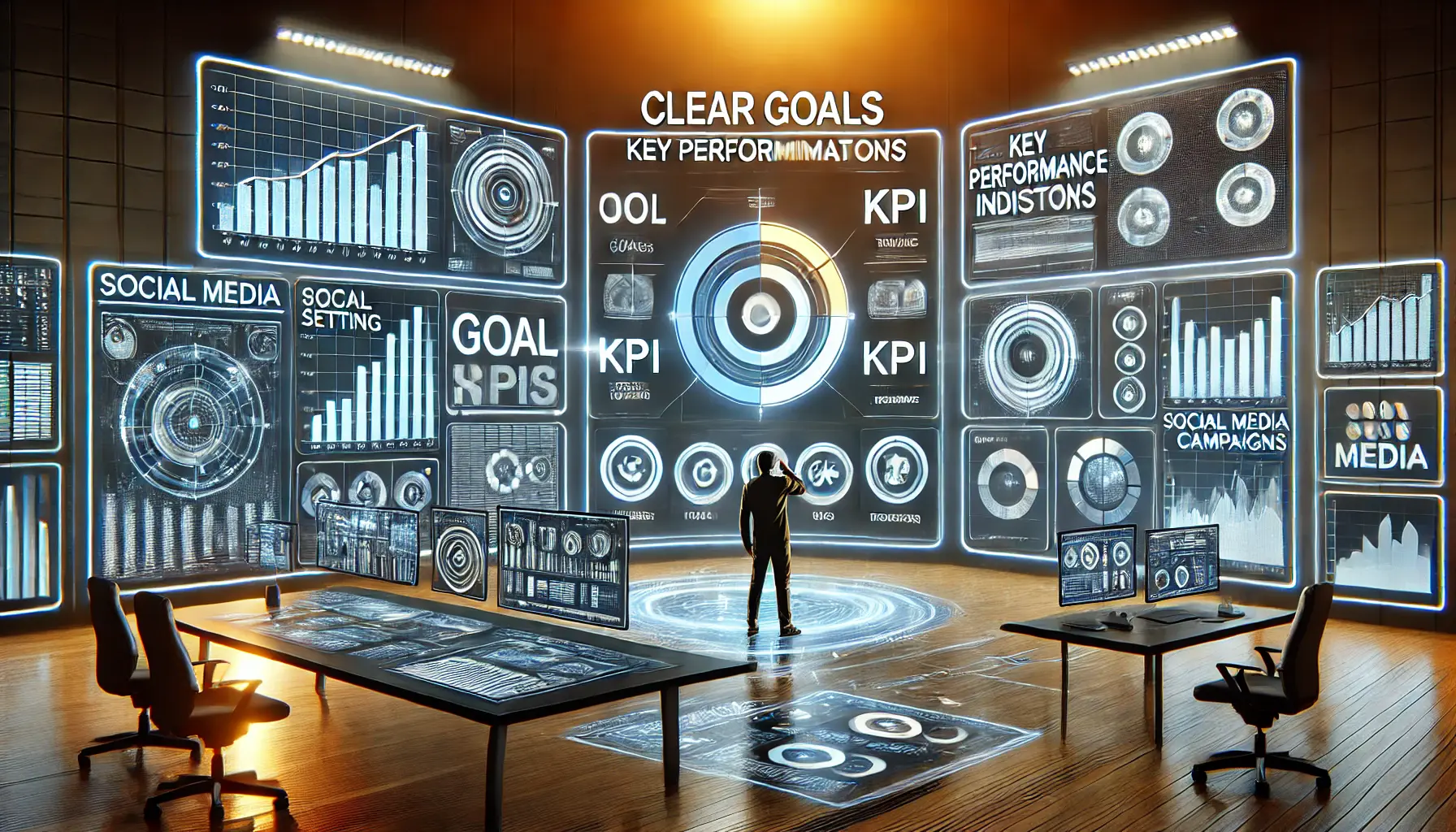 A high-tech digital workspace showcasing goal setting and KPI tracking for social media campaigns, with interactive dashboards and performance metrics.