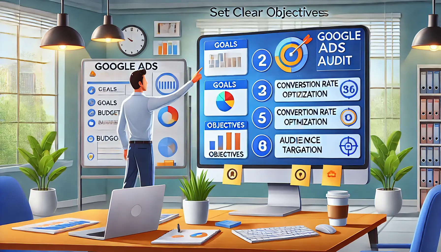 A digital marketer pointing at a large screen with goals and performance charts, symbolizing setting clear objectives for a Google Ads audit.