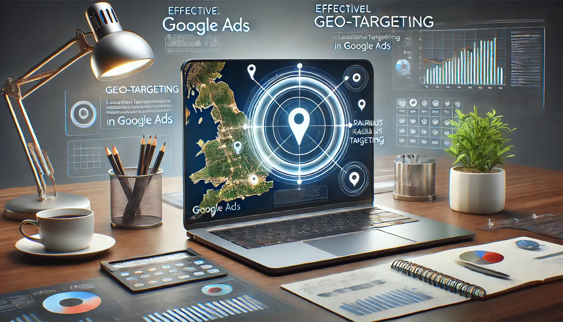 A laptop displaying a Google Ads interface with location targeting options, a map highlighting radius targeting, and analytical graphs on the workspace.