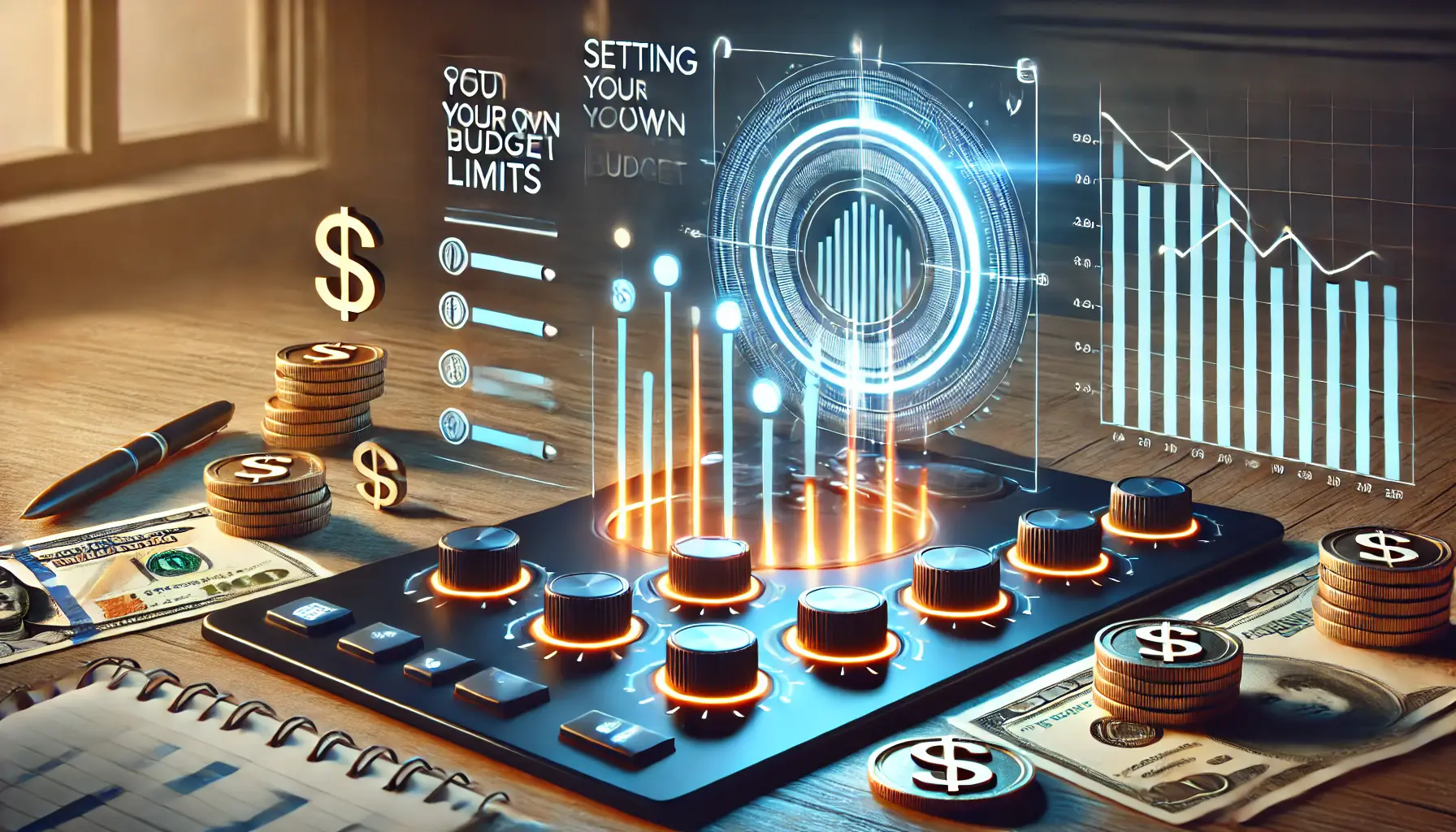 A budget planner interface with adjustable sliders and a glowing chart, surrounded by coins and a calendar, symbolizing customizable budget limits.