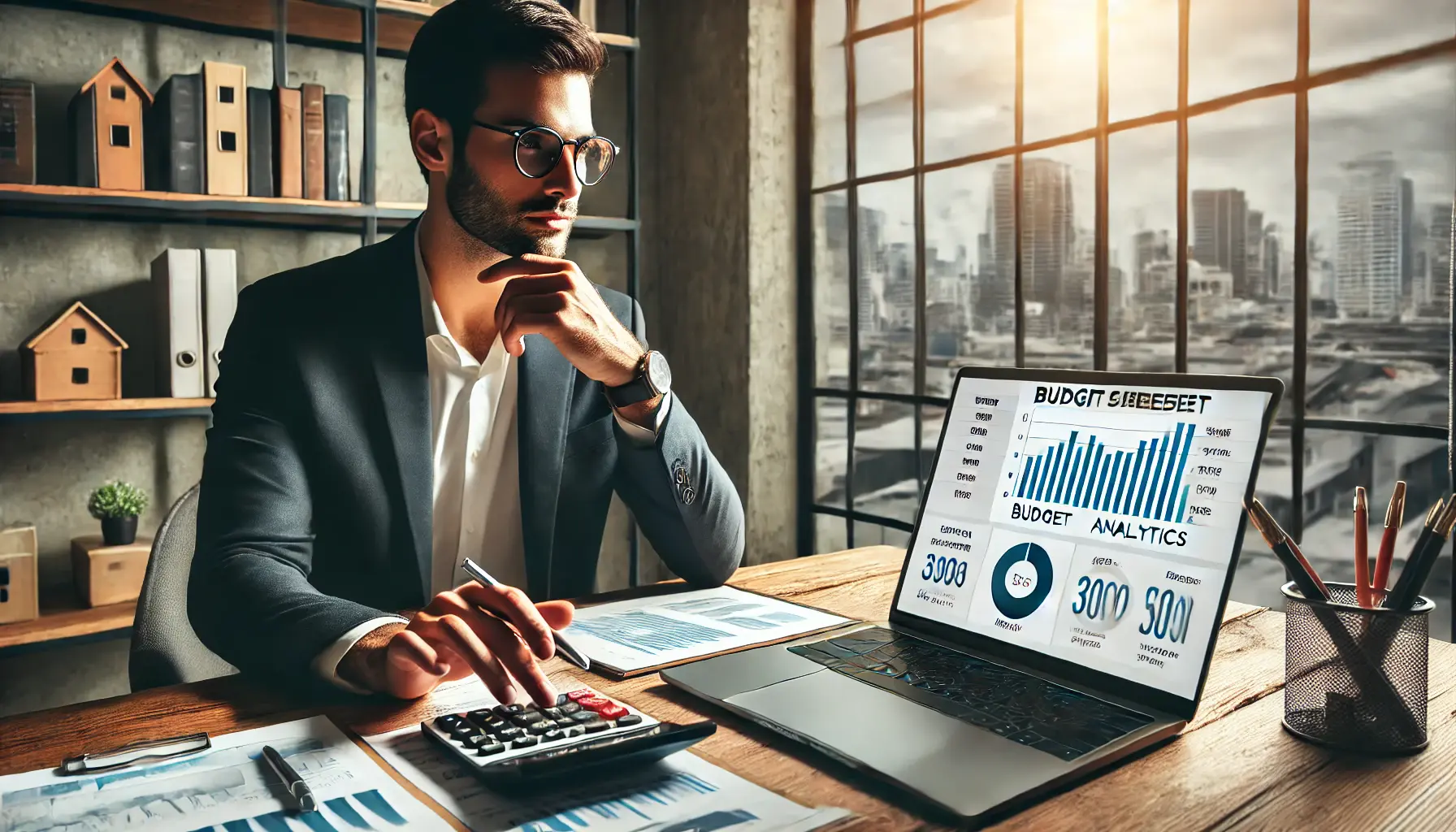 A real estate agent reviewing a budget spreadsheet and analytics on a laptop, while holding a calculator in a modern office.