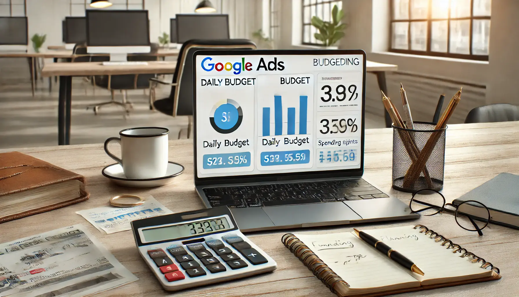 A laptop displaying Google Ads budgeting tools with daily budget sliders and spending insights, accompanied by a calculator and notes on a professional desk.