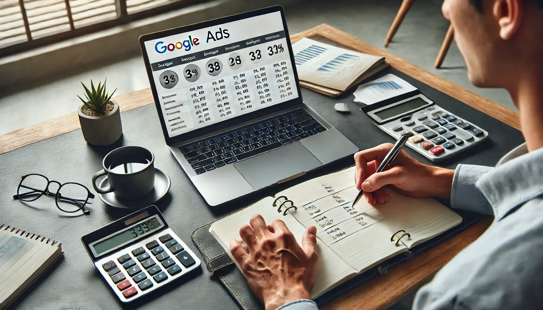 A professional office setting with a marketer working on setting a budget for Google Ads campaigns.