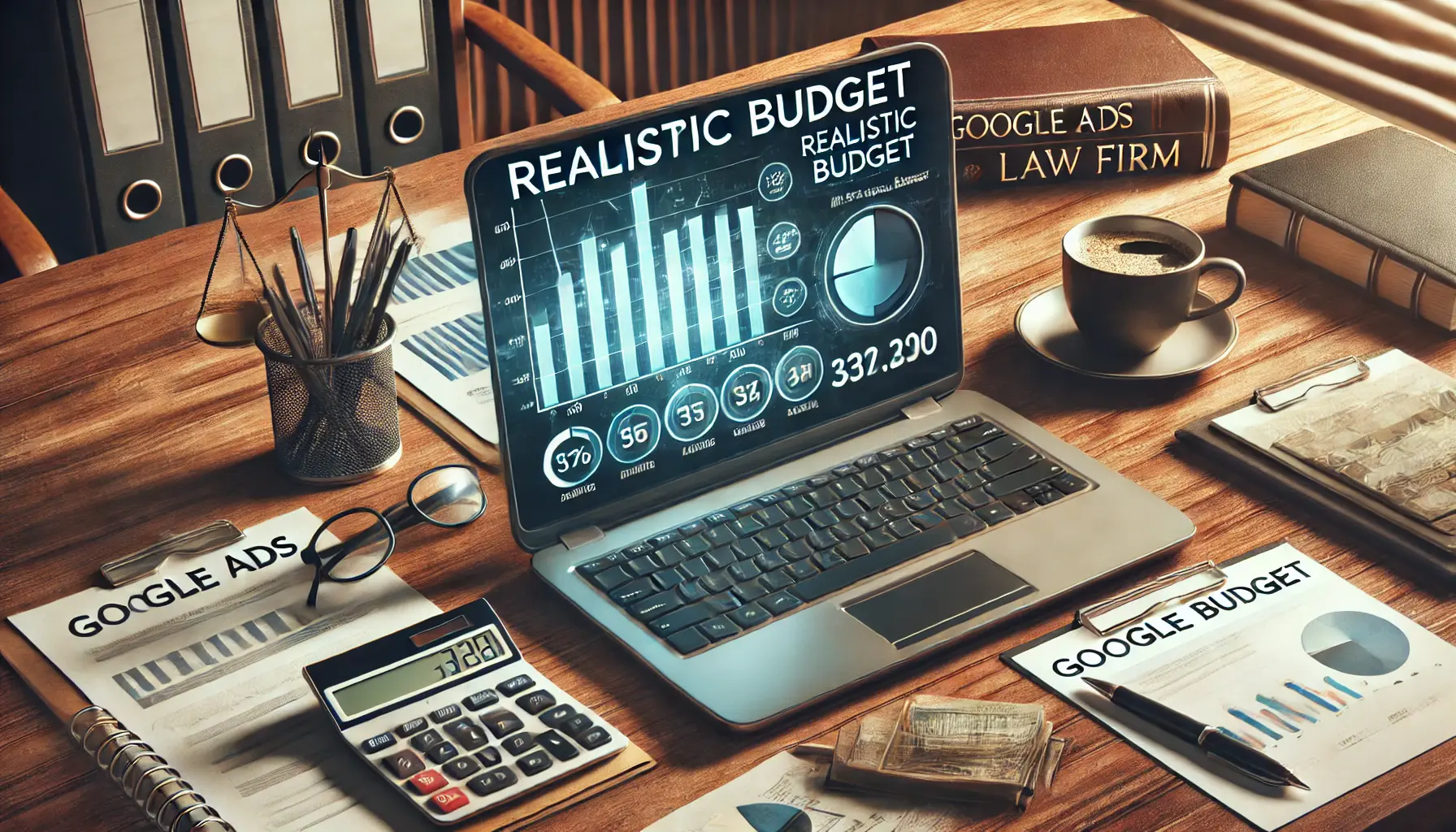 A modern office desk with a laptop showing a budgeting tool, financial graph, calculator, and legal documents, symbolizing the process of setting a realistic Google Ads budget.