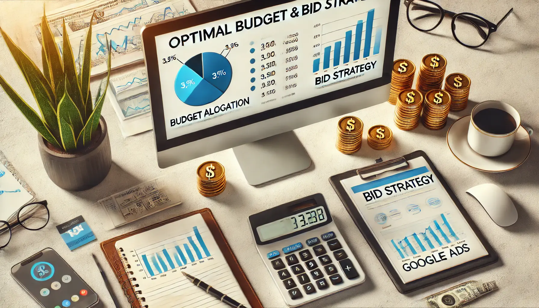 A computer screen showing budget allocation charts, a calculator, a notepad with strategy notes, and coins symbolizing financial planning.