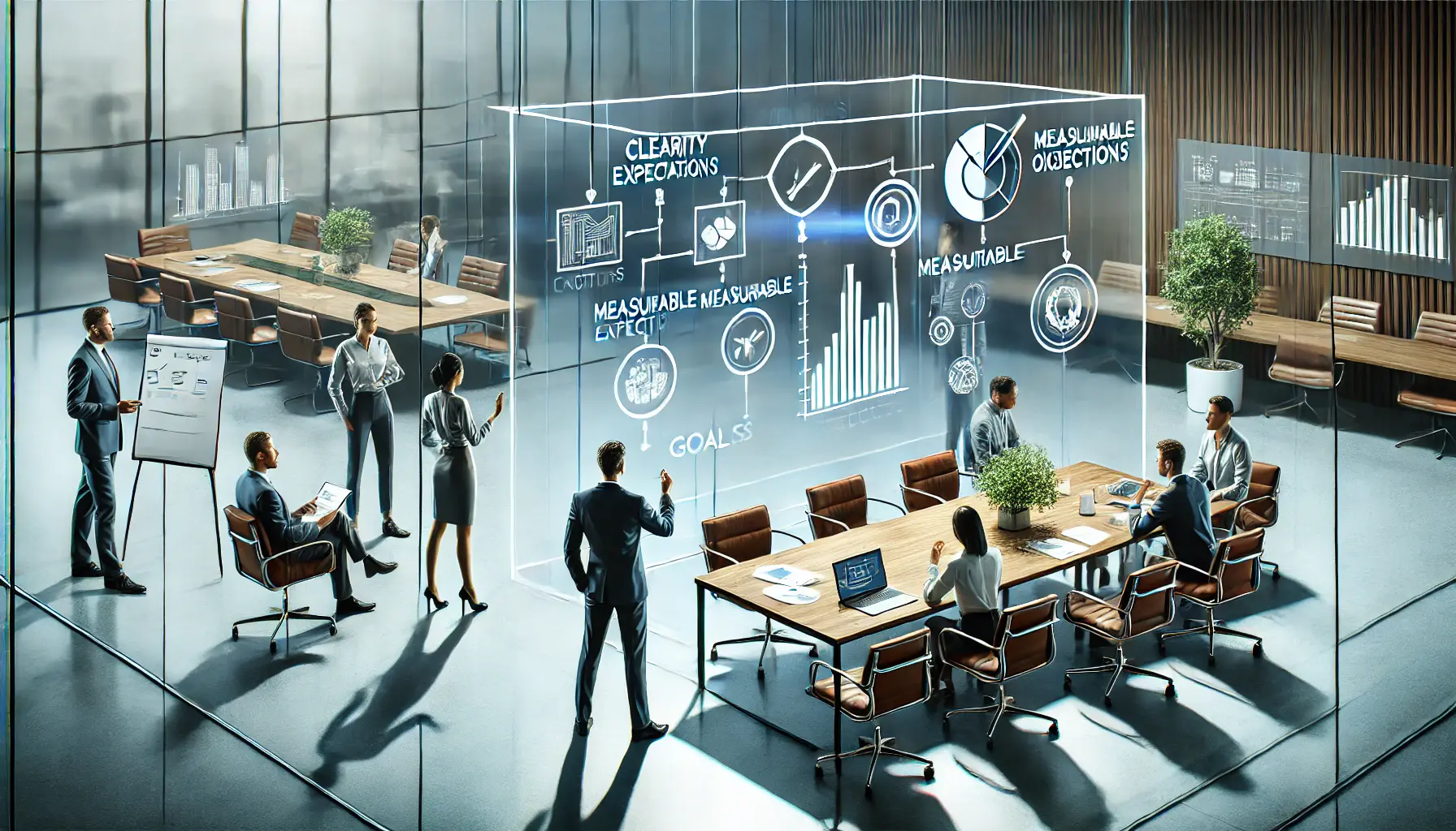 A professional team collaborating in a conference room with a whiteboard showing a flowchart and measurable objectives.