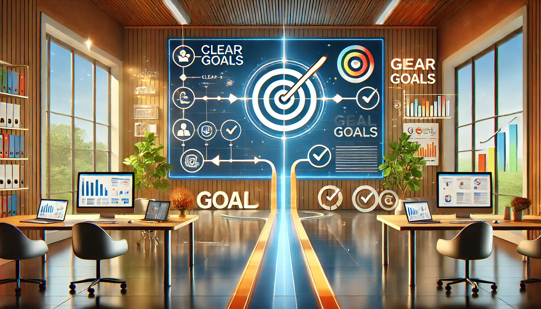 A digital workspace with a clear goal-setting chart, showing milestones, arrows, checkmarks, and graphs representing campaign progress.