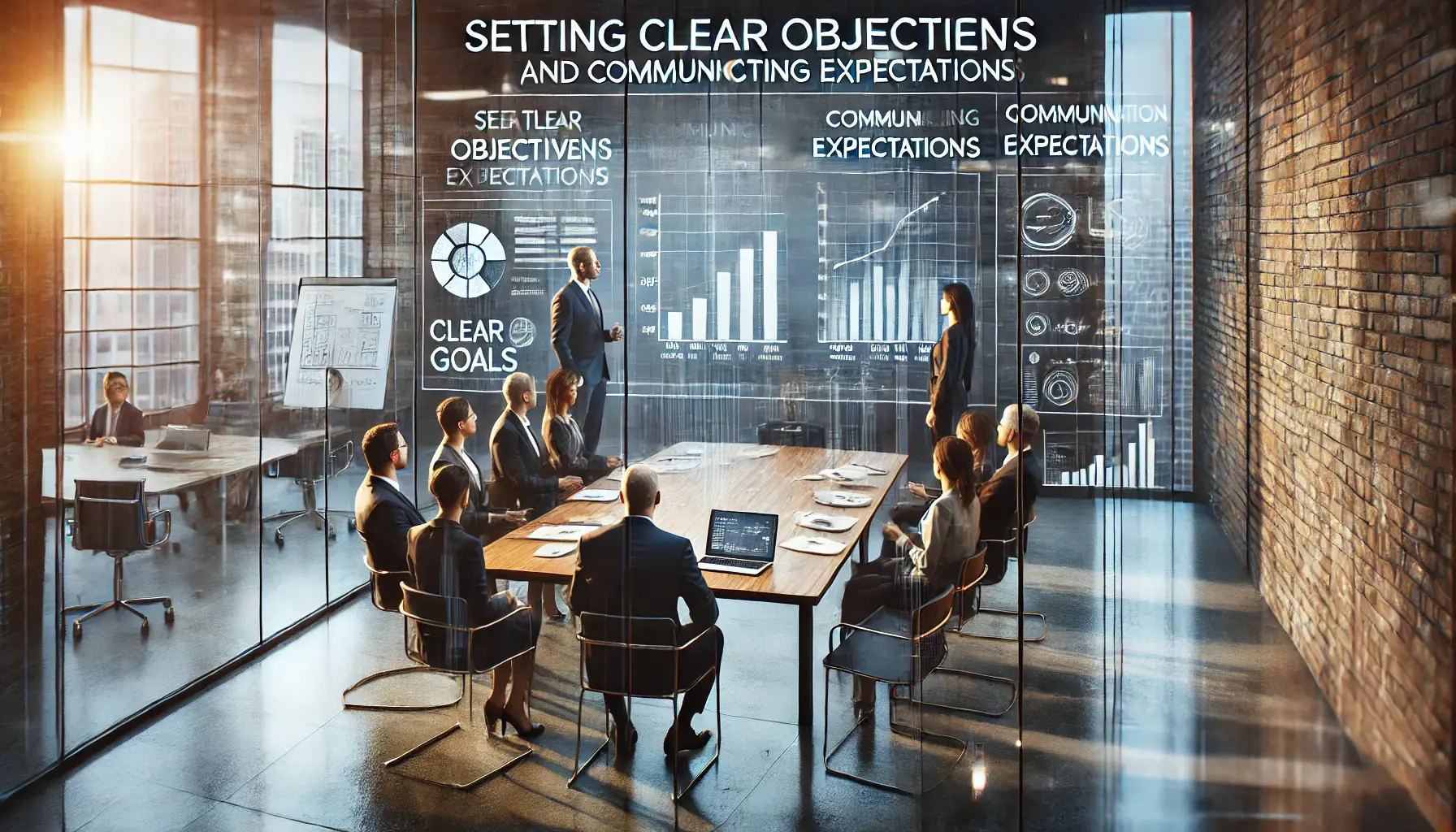 A business team discussing goals and objectives around a table, with a whiteboard in the background outlining clear goals and planning diagrams.