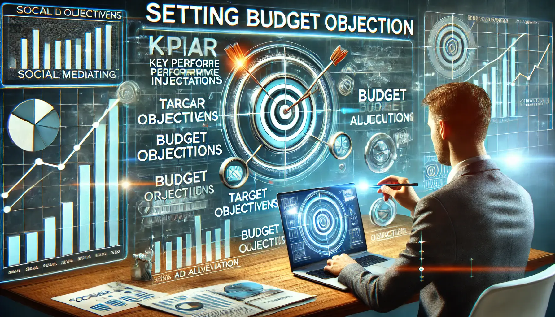 A digital illustration of a marketing workspace with a digital dashboard displaying goal-setting tools, KPIs, target objectives, and budget allocation sliders. A marketing professional is setting and adjusting goals on a laptop, with floating graphical elements representing target achievement and financial distribution.