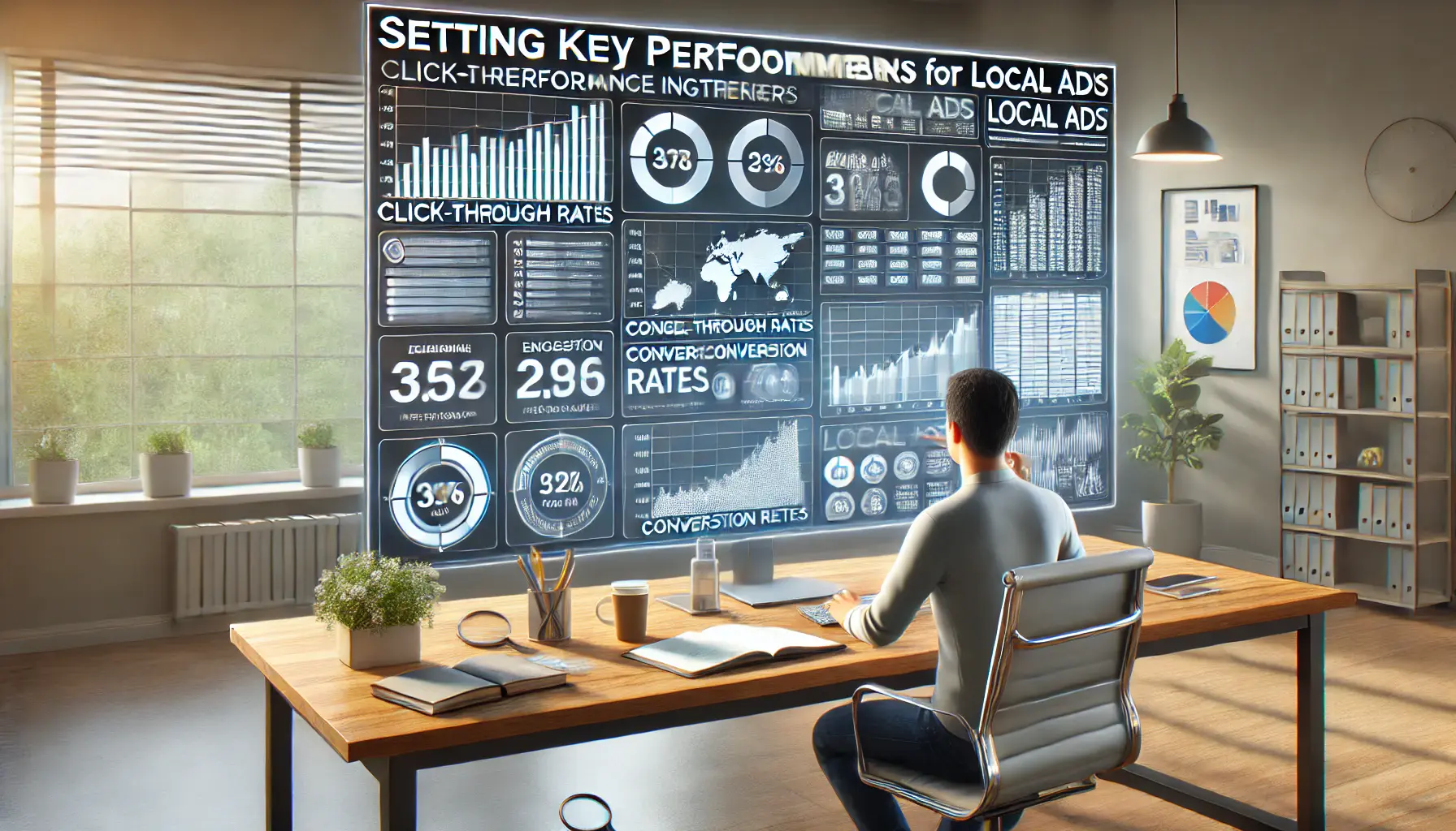 A person analyzing KPIs for local ads on a large screen with graphs and charts in a modern workspace.