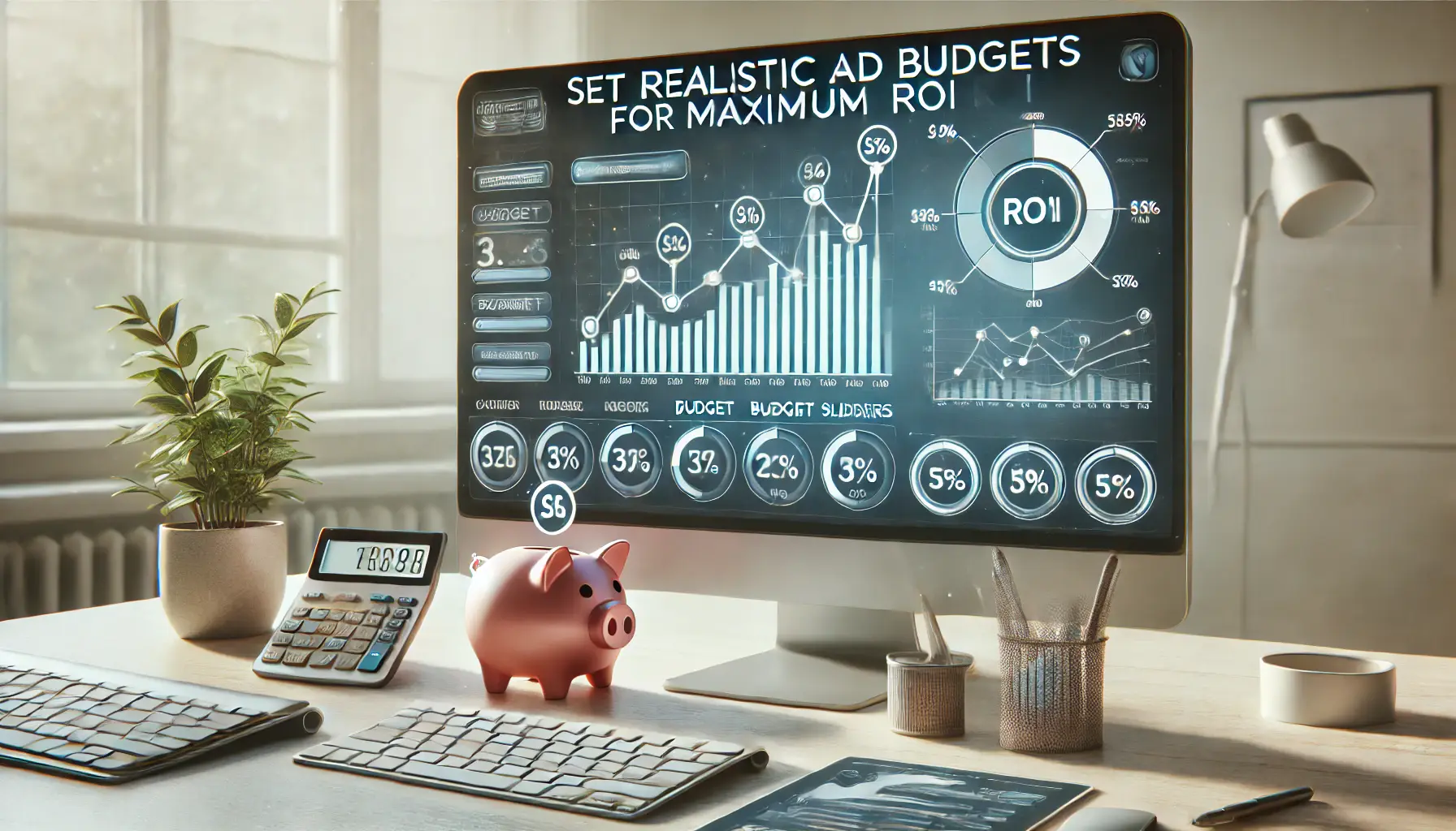 A computer screen displaying a budget management tool with a graph showing ROI growth, accompanied by icons like a calculator and piggy bank.