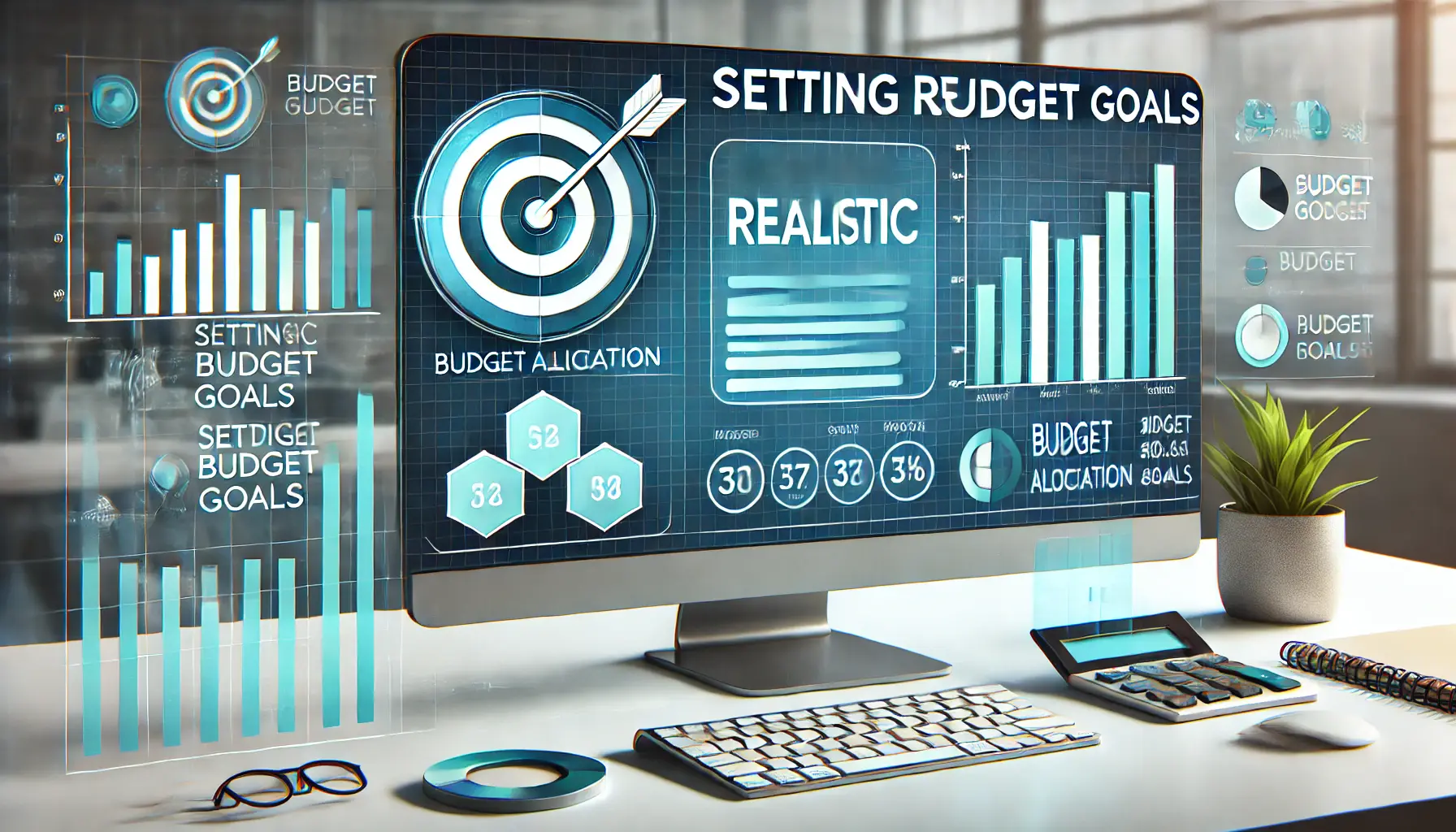 Digital workspace with graphs, budget allocation charts, and visual elements like a target icon and calculator for setting budget goals.