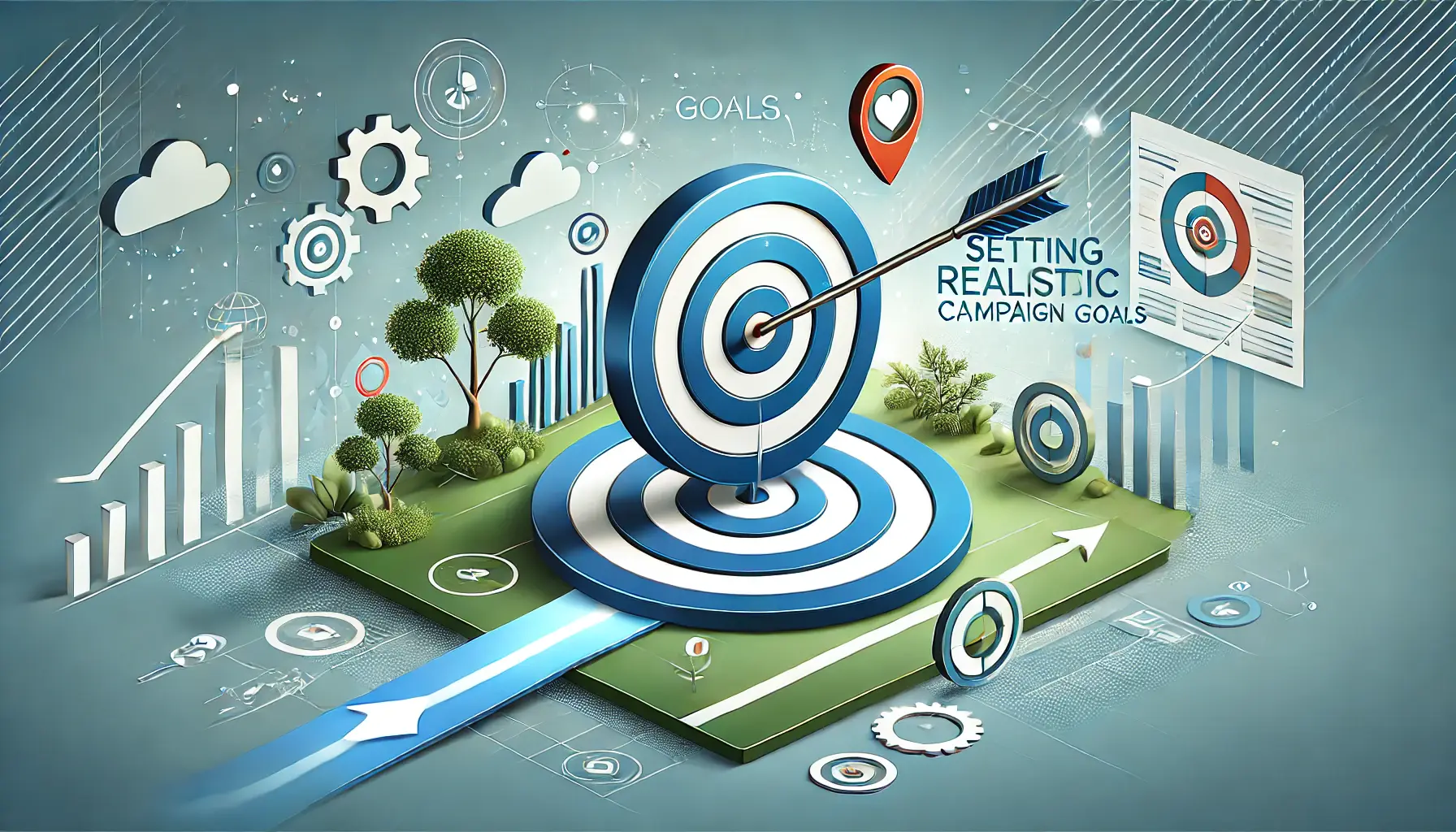 A digital marketing scene showing a target symbol with arrows hitting the bullseye, and visual elements like a progress bar and path toward success.