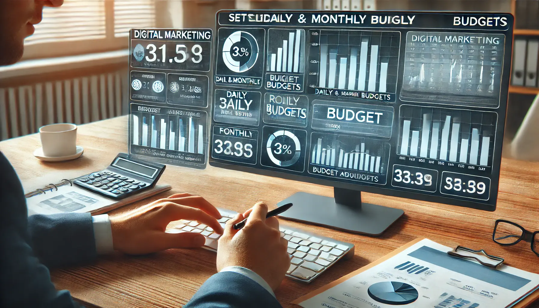 A digital marketing professional setting daily and monthly budgets on a computer screen with financial tools, pie charts, and budget sliders in a modern office.