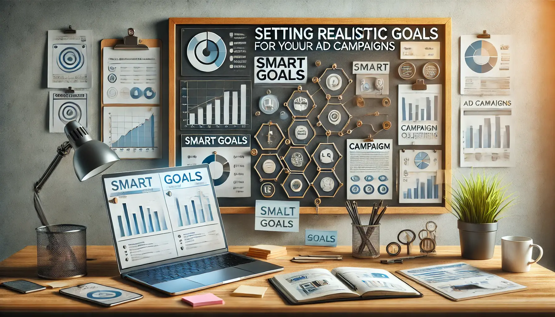 An organized workspace with a planner, sticky notes, and a laptop showing campaign analytics, symbolizing goal setting for ad campaigns.