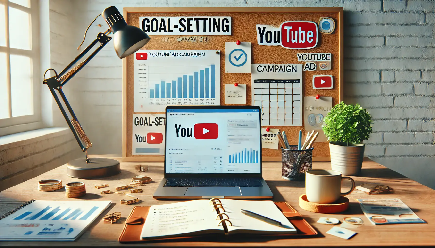 A workspace with a corkboard of pinned notes and charts, a laptop showing analytics, and a notebook with a checklist, symbolizing goal-setting for YouTube ad campaigns.