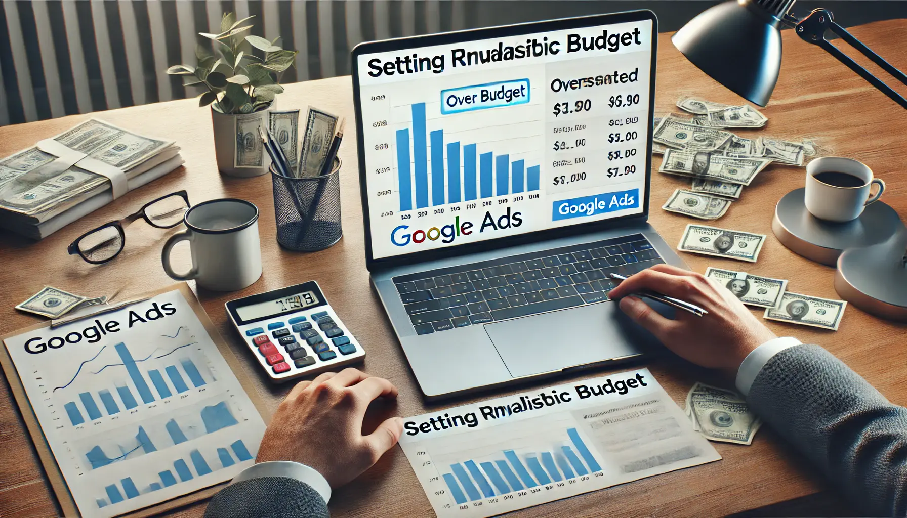 A digital marketing workspace showing a laptop with Google Ads, displaying an overestimated budget with surrounding charts indicating wasted ad spend.