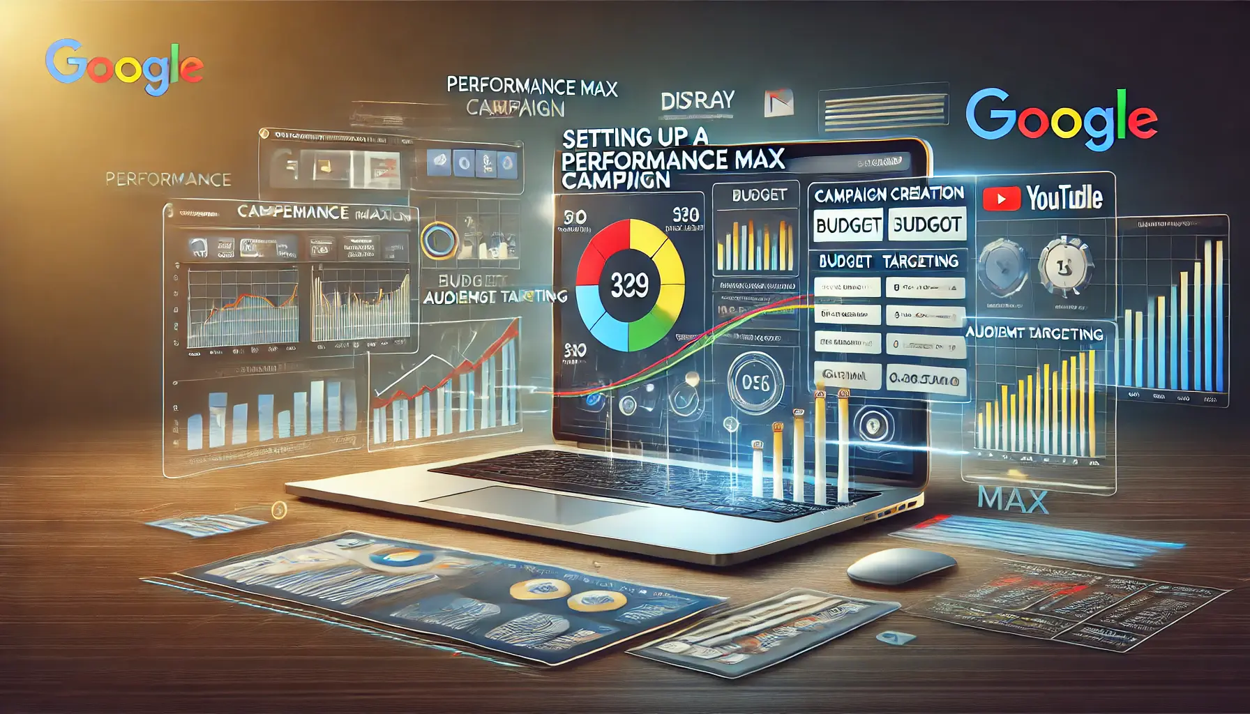 A visual representation of setting up a Performance Max campaign, showcasing a digital interface with campaign creation tools and Google platforms.