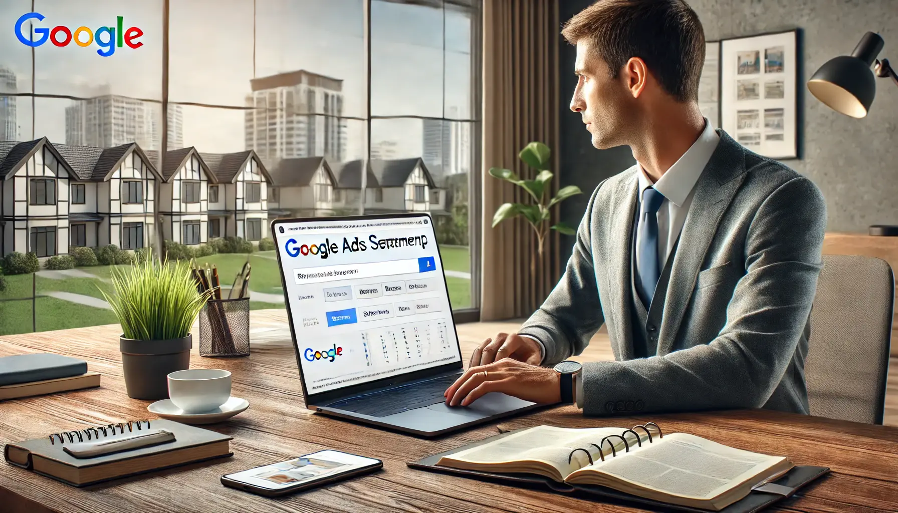 A real estate agent at a desk with a laptop showing a Google Ads campaign setup interface, surrounded by real estate brochures, a calendar, and a smartphone.